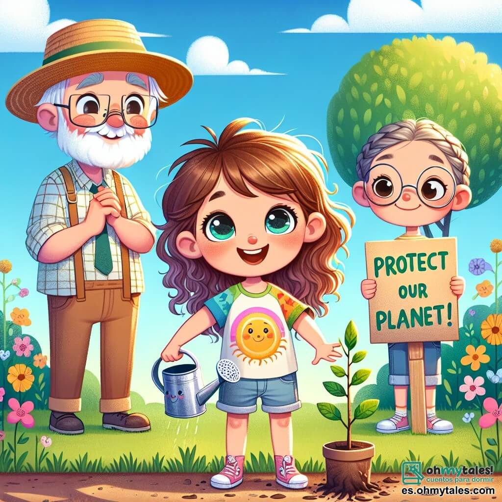 Un niño de 7 años, llamado Pablo, con cabello castaño y rizado, sonríe alegremente mientras sostiene una pequeña regadera, listo para regar un joven árbol que acaba de plantar. Sus ojos brillan de emoción y lleva una camiseta colorida con un diseño de sol y un pantalón corto de mezclilla. A su lado, su mejor amiga Ana, una niña de 7 años con largas trenzas y gafas redondas, observa con entusiasmo. Ella sostiene un cartel de cartón que dice "¡Protejamos nuestro planeta!" en letras coloridas y sonríe orgullosamente. Su abuelo, un hombre mayor con barba gris y gafas, se encuentra un poco atrás, con las manos en las caderas y una expresión satisfecha al ver a los niños. Lleva un sombrero de paja y una camisa a cuadros, y parece feliz de ver a sus nietos participar en esta hermosa actividad. La escena tiene lugar en un parque verde, lleno de flores coloridas y árboles majestuosos. El cielo es de un azul brillante, salpicado de algunas nubes blancas esponjosas, y el sol brilla, creando un ambiente alegre y cálido. En esta ilustración, Pablo y Ana están plantando árboles para ayudar a combatir el cambio climático, simbolizando la esperanza y el compromiso de las jóvenes generaciones por un futuro mejor.