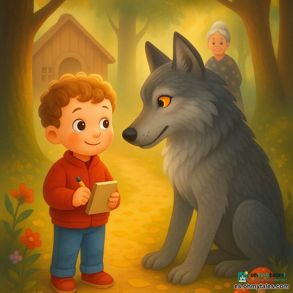 Niño de 4 años, ojos grandes y curiosos, cabello castaño rizado corto, rostro redondo y sonrisa tímida, vestido con chaqueta roja y pantalón azul, sostiene un cuadernillo beige y un lápiz y mira al lobo con valentía erguida; gran lobo gris plateado de pelaje texturado, ojos naranja, orejas erguidas y expresión no amenazante, sentado e inclinado como si escuchara; una abuela de unos 70 años con el pelo gris en moño y vestido de flores aparece al fondo junto a una casa de madera, sonriente y benevolente; bosque encantado con suelo de hojas doradas, árboles altos de troncos oscuros con musgo verde, rayos de sol en bandas suaves, flores coloridas y setas rojas; escena principal: encuentro pacífico en un sendero forestal, atmósfera cálida, paleta suave y contrastada, iluminación dorada y texturas suaves, composición centrada en ambos personajes.