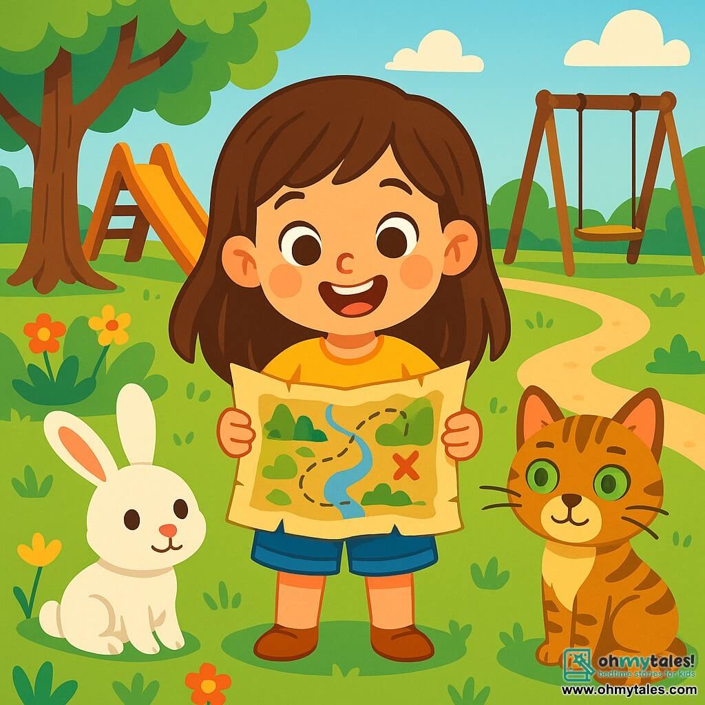 A 4-year-old girl named Mia, with long brown hair and sparkling curious eyes, holds an old paper map in her small hands. She wears a bright yellow t-shirt and denim shorts, displaying a big excited smile. Beside her, a small white rabbit named Ben, with soft fur, looks at the map with round, curious eyes. A little further away, Lily, a tabby cat with bright green eyes, sits on the grass, her tail wrapped around her paws, ready to follow them on their adventure. The setting is a sunny park filled with colorful flowers and majestic trees, featuring a large wooden slide and a swing gently swaying in the breeze. In the background, a winding path leads to a mysterious place marked on the map. The main scene shows Mia, Ben, and Lily gathered around the map, ready to embark on their adventure, their faces lit up with excitement and anticipation to discover "The Secret Place."