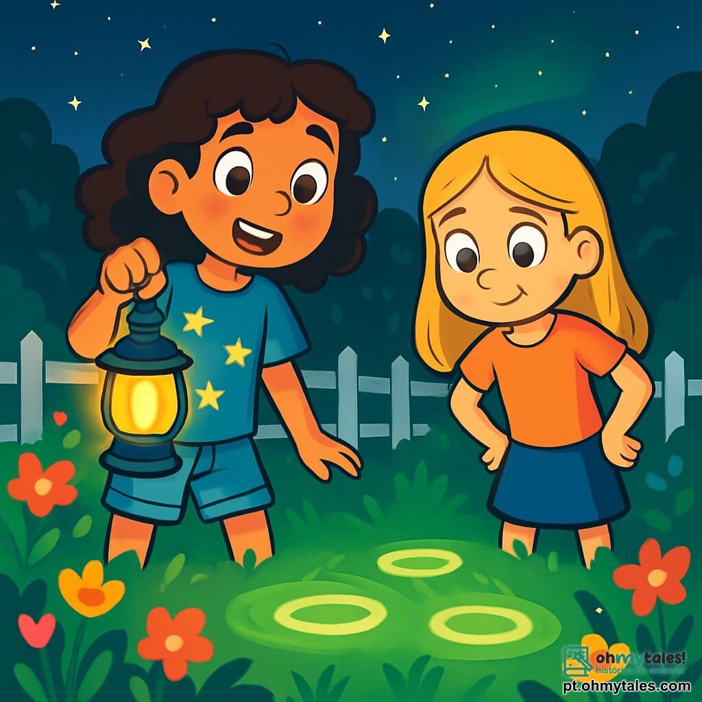 Uma menina de 10 anos, Valentina, com cabelos castanhos e cacheados, olhos brilhantes de curiosidade, está em um jardim verdejante segurando uma lanterna, com o rosto iluminado por uma luz de excitação. Ela usa uma camiseta azul com estrelas e um short de jeans. Ao lado dela, sua melhor amiga Sofia, também de 10 anos, com cabelos loiros e lisos, observa atentamente o chão, com um sorriso intrigado e as mãos na cintura. O jardim está cheio de flores coloridas, com uma cerca de madeira branca e um céu noturno estrelado ao fundo, onde uma luz verde misteriosa brilha. No centro da imagem, Valentina e Sofia se inclinam sobre marcas brilhantes e redondas na grama, como se tivessem descoberto um segredo extraterrestre. A atmosfera é mágica e cheia de mistério, com estrelas cintilantes e uma leve brisa que faz as folhas dançarem.