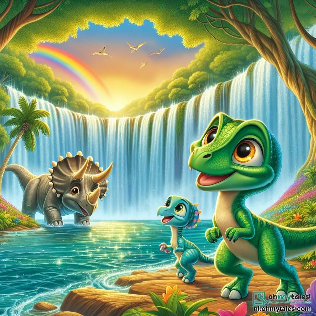 Een velociraptor genaamd Rocco, met glanzende groene schubben en nieuwsgierige ogen, staat aan de rand van een prachtige waterval, met een glimlach op zijn gezicht, verwonderd door de schoonheid van het schitterende vallende water. Naast hem springt Tilly, een grote harten triceratops met drie hoorns op haar voorhoofd en een beige huid, van blijdschap, haar ronde ogen vol opwinding terwijl ze naar de kleurrijke waterval wijst. Op de achtergrond leunt Benny, een Brachiosaurus met een lange nek, om water te drinken, zijn lichtblauwe schubben contrasterend met het weelderige groen van het omliggende bos. De setting is een tropisch eiland, verlicht door gouden licht, met reusachtige bomen met levendige bladeren en stralende bloemen die zachtjes in de bries dansen, wat een magische en betoverende sfeer creëert. De scène vangt het moment waarop Rocco en zijn vrienden de prachtige regenboogwaterval ontdekken, vol verwondering en enthousiasme, klaar om samen nieuwe avonturen te beleven.