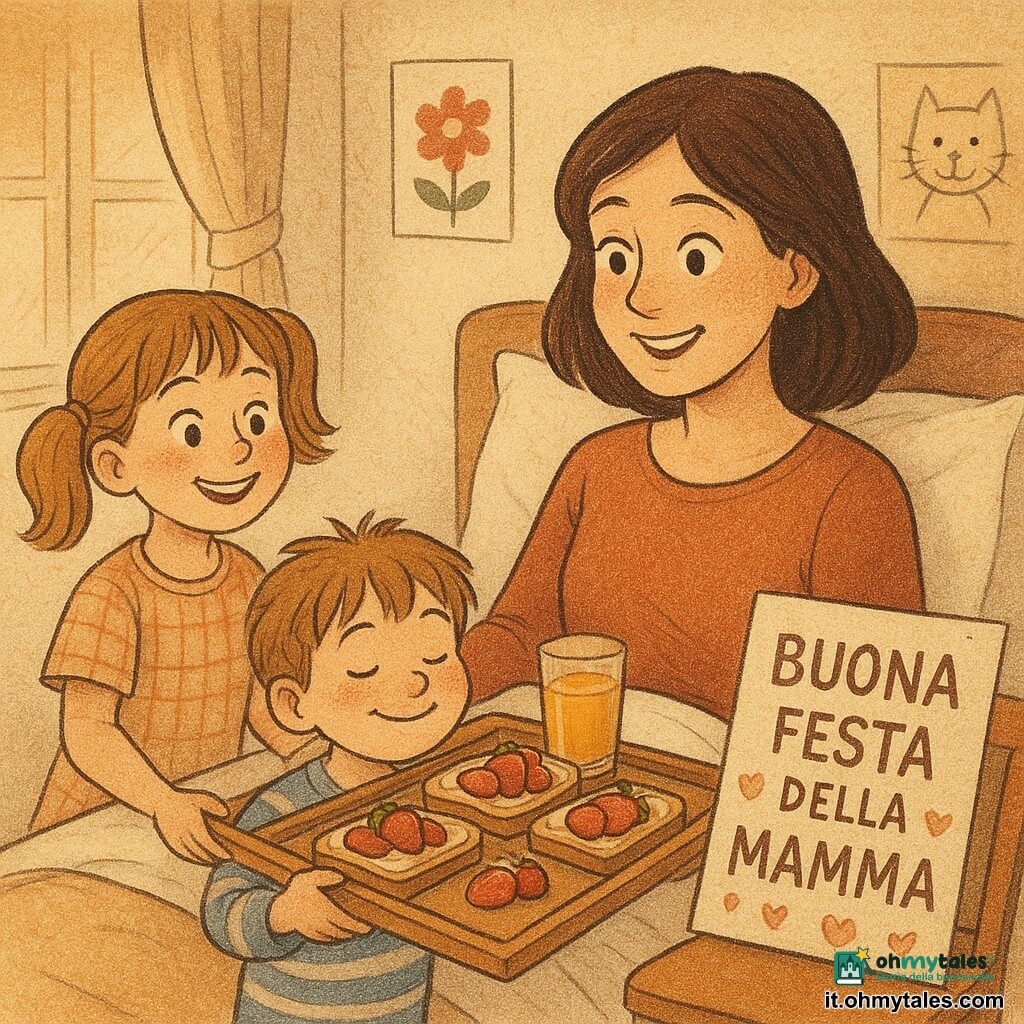 Bambina di 10 anni, capelli castano chiaro in due codine, viso rotondo con lentiggini, espressione radiosa, tiene un vassoio di legno con fette di pane, fragole e un bicchiere di succo d'arancia, in piedi vicino al letto; bambino di circa 5 anni, capelli arruffati e sorriso assonnato, in pigiama a righe aiuta a portare il vassoio a sinistra della bambina; madre di circa 35 anni, capelli castani sciolti, occhi commossi e sorriso, seduta a letto tra cuscini bianchi riceve il vassoio con sorpresa e tenerezza; camera accogliente con pareti crema, tende leggere che lasciano entrare un sole morbido, poster infantili e una grande cartolina fatta a mano su una sedia; scena del tenero colazione a letto per la festa della mamma, inquadratura ravvicinata, colori caldi e luce mattutina soffusa.