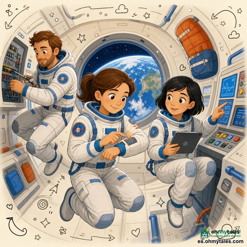 Mujer astronauta Valeria, rostro sonriente y concentrado, pelo castaño recogido, traje espacial blanco y azul con parches, flota ligeramente ajustando un panel de control en su antebrazo con un pequeño testigo naranja intermitente; mujer Mei, ~30 años, asiática, pelo corto negro, mirada atenta, sostiene una tableta y señala una pantalla, flotando sentada a la derecha de Valeria; hombre Alex, ~35 años, ingeniero, pelo castaño y barba ligera, serio y concentrado, aprieta un tornillo en un tablero eléctrico con herramientas magnéticas a la izquierda y algo atrás; interior de estación espacial con paredes curvas metálicas crema y remaches, paneles de control con botones de colores y pantallas azules, sacos de dormir con velcro, tuberías y cables guardados, gran escotilla redonda mostrando la Tierra; escena de reparación tranquila y solidaria: Valeria verifica una alerta de temperatura en su traje mientras sus compañeros ayudan con gestos precisos, luz suave del escotilla y pequeños stickers y garabatos infantiles superpuestos alrededor.