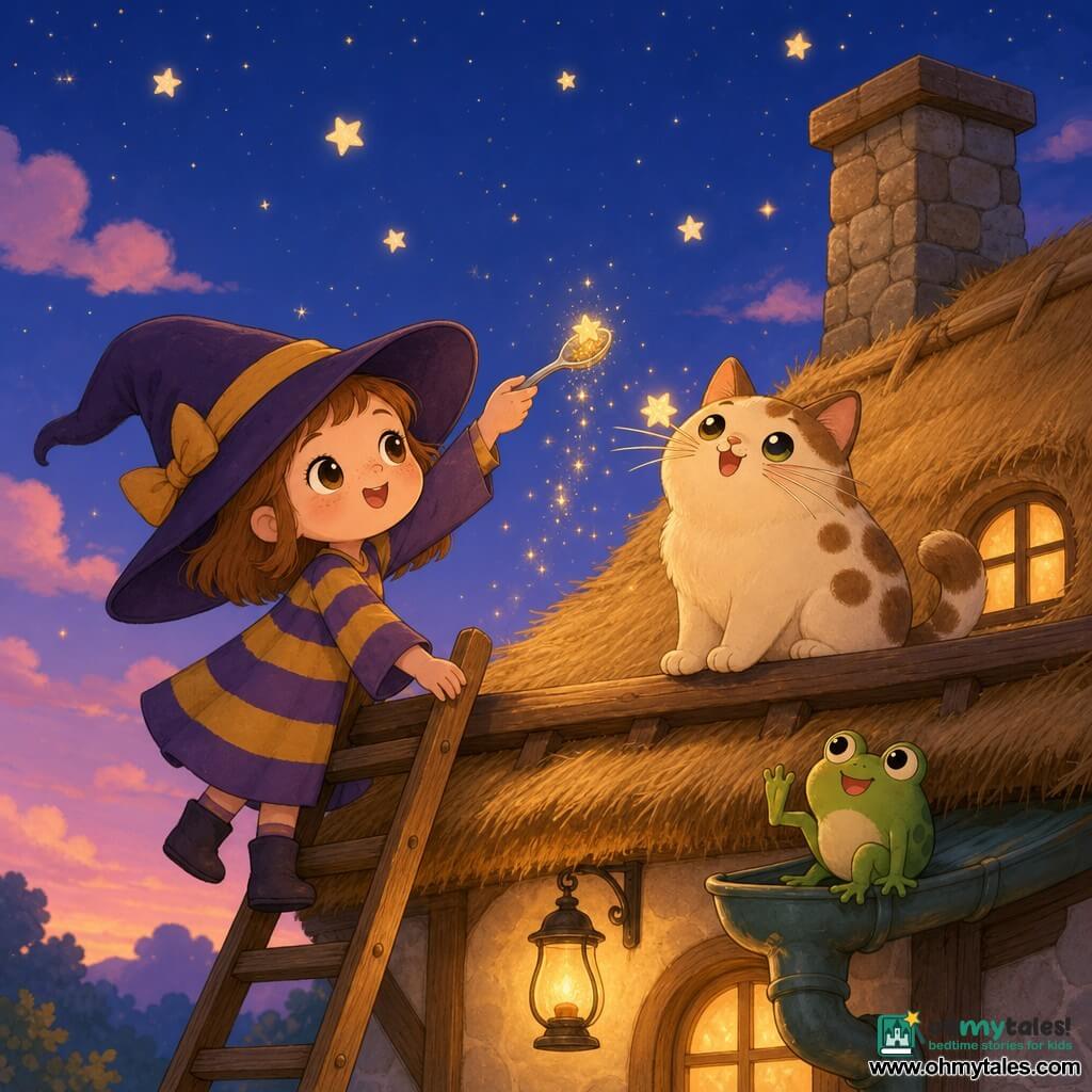 Willa is a small, cheerful girl witch with bright round eyes, fair skin and freckles, wearing an oversized pointed hat and a purple-and-yellow striped dress, holding a small silver spoon toward the sky as she pours a grain of star; Button is a plump male cat with cream fur and brown patches, long whiskers, perched on the railing catching a twinkling star on his whisker; a little green toad with bulging eyes and a simple smile sits on the gutter, raising a leg; the warm thatched rooftop at dusk features a stone chimney, a navy sky dotted with golden stars and pink clouds, soft oil lamps, and gentle sparkles falling around Willa; visual style: simple rounded shapes, saturated pastels, fine outlines, soft textures, cozy magical mood, centered composition suitable for a four-year-old.