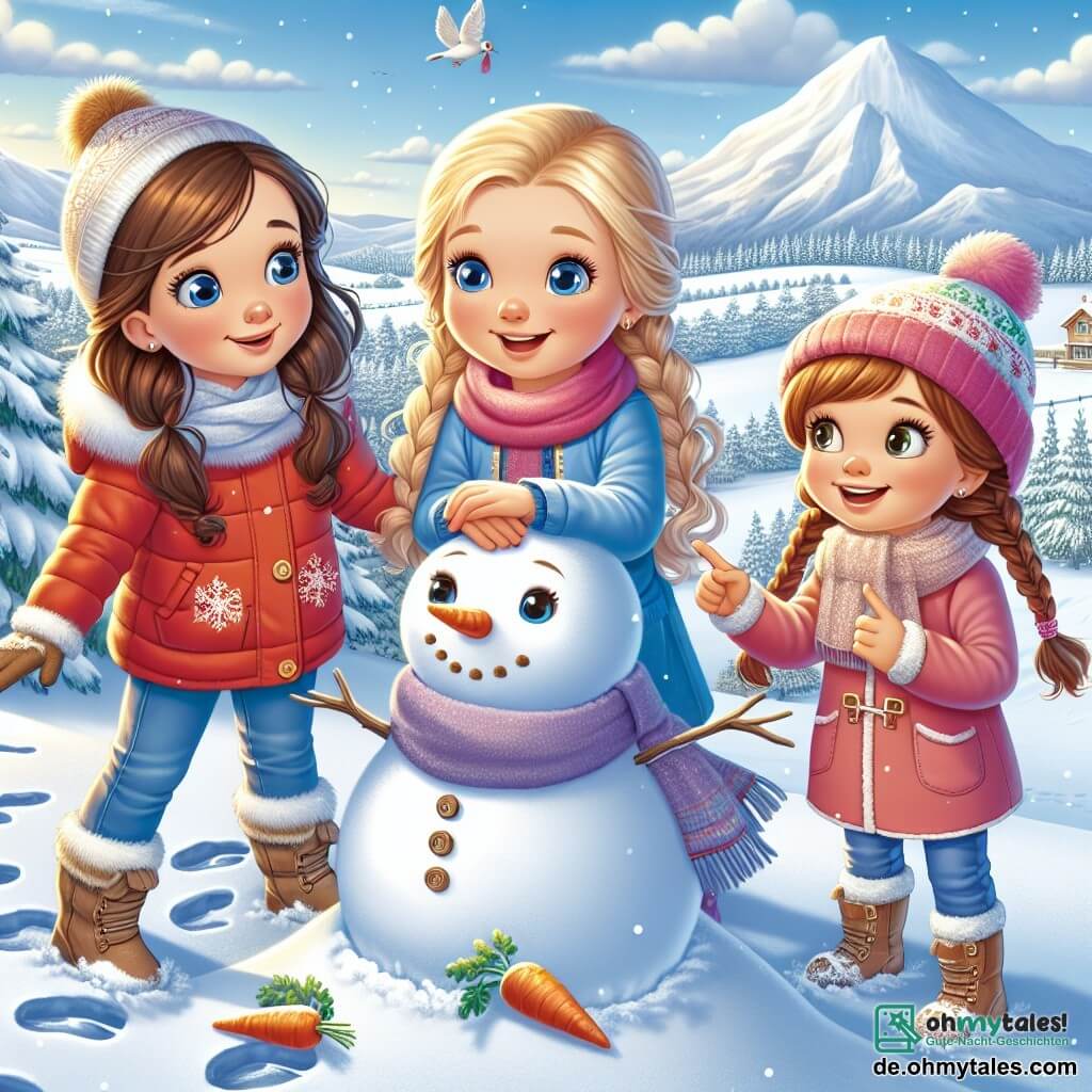 Drei Mädchen, Mia, Lina und Emma, stehen auf einem verschneiten Hügel. Mia, 8 Jahre alt, hat lange braune Haare und trägt eine leuchtend rote Jacke, sie schaut bewundernd auf die Landschaft. Lina, ebenfalls 8 Jahre alt, hat blonde Zöpfe und einen blauen Schal, sie zeigt auf die Fußspuren im Schnee. Emma, 9 Jahre alt, hat kastanienbraune Haare und trägt eine rosa Mütze, sie lächelt, während sie eine Karotte für die Nase des Schneemanns hält, den sie gerade gebaut haben. Die Szenerie ist eine märchenhafte Winterlandschaft mit schneebedeckten Bäumen, einem hellblauen Himmel und sanft fallenden Schneeflocken. In der Ferne sind majestätische Berge zu sehen, und der Boden ist mit einer dicken Schicht unberührtem Schnee bedeckt. Die Mädchen haben Spaß beim Bau eines Schneemanns, lachen und spielen zusammen, während sie über die Tiere sprechen, die sie gesehen haben, und über die Wunder der Natur.