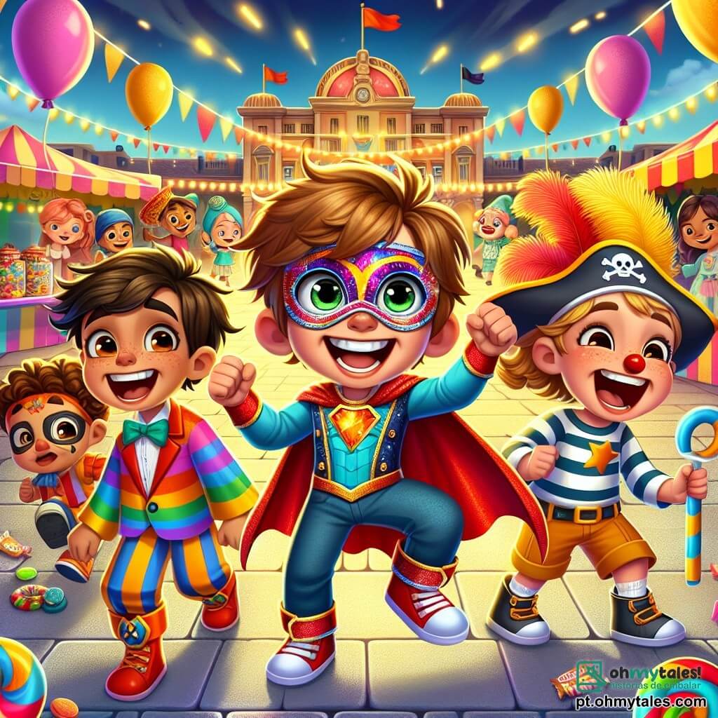 Um menino de 8 anos, Léo, está no centro do palco, com olhos brilhantes de emoção e um grande sorriso. Ele veste uma fantasia de super-herói com uma capa vermelha vibrante e uma máscara colorida, seus cabelos castanhos bagunçados acrescentando à sua aparência dinâmica. Ao seu lado, sua melhor amiga Clara, uma menina de 8 anos, está fantasiada de pirata com um chapéu de penas e um lenço listrado, rindo alegremente enquanto segura uma espada de plástico. Um pouco mais longe, Miguel, um menino de 8 anos, está vestido de palhaço com um nariz vermelho e sapatos oversized, fazendo caretas para divertir seus amigos. O cenário é uma grande praça central, cheia de cores vivas e decorações de carnaval. Balões flutuam no ar, e barracas de guloseimas coloridas cercam a praça, enquanto um grande carro decorado com flores e luzes brilha ao sol. A cena principal mostra Léo, Clara e Miguel dançando juntos no meio da multidão alegre, cercados por criaturas fantásticas e músicos, todos celebrando o carnaval com risadas e canções, criando uma atmosfera mágica e festiva.