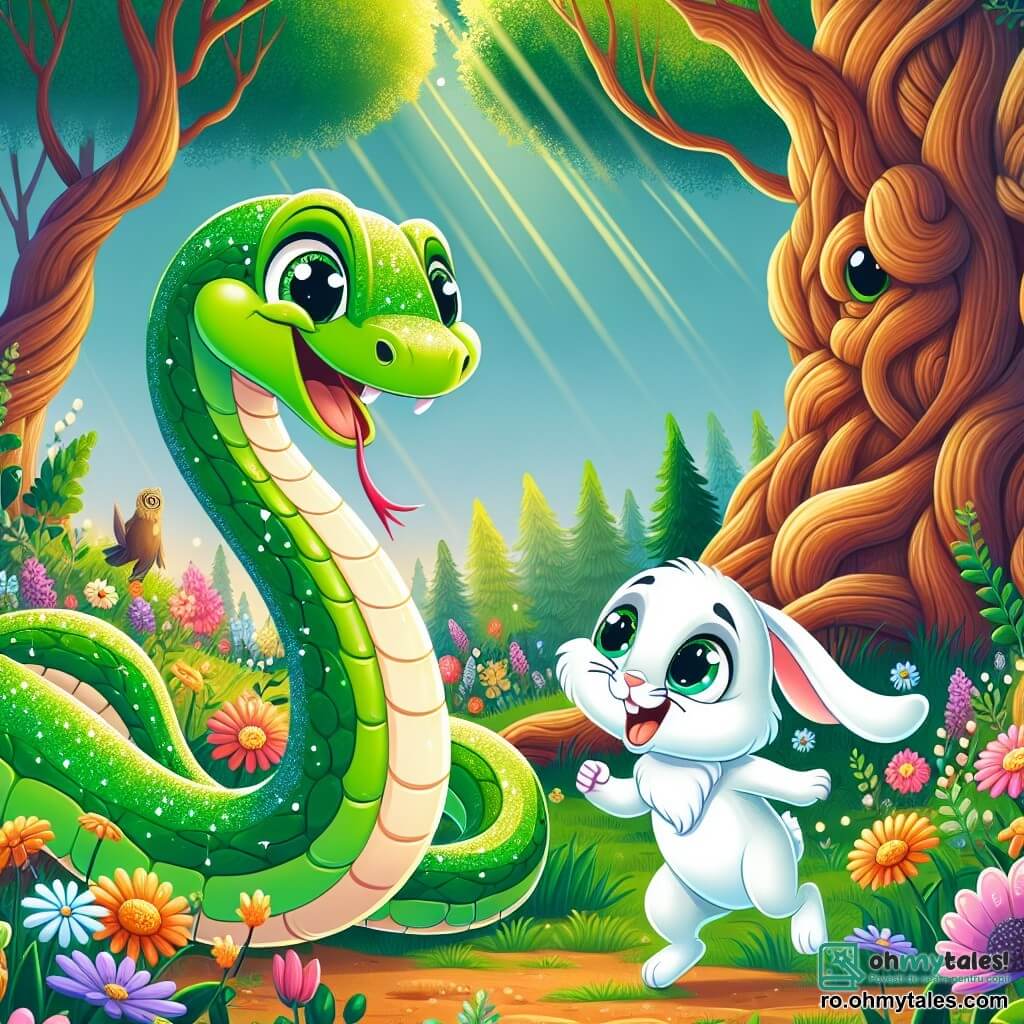 Un șarpe verde numit Serafim, cu solzi strălucitori și ochi plini de curiozitate, se furișează vesel printre florile colorate ale pădurii, afișând un zâmbet mare pe față. Lângă el, un iepuraș alb numit Ruxi, cu urechi lungi și ochi negri strălucitori, sare cu entuziasm, pregătit să exploreze, admirându-l pe Serafim. Scena are loc într-o pădure fermecată, unde copaci mari cu trunchiuri noduroase se ridică spre cer, înconjurați de flori strălucitoare și raze de soare filtrate prin frunziș. Serafim și Ruxi se află în fața unei vechi stejar impozante, unde o bufniță înțeleaptă îi observă, pregătită să le încredințeze o misiune magică.