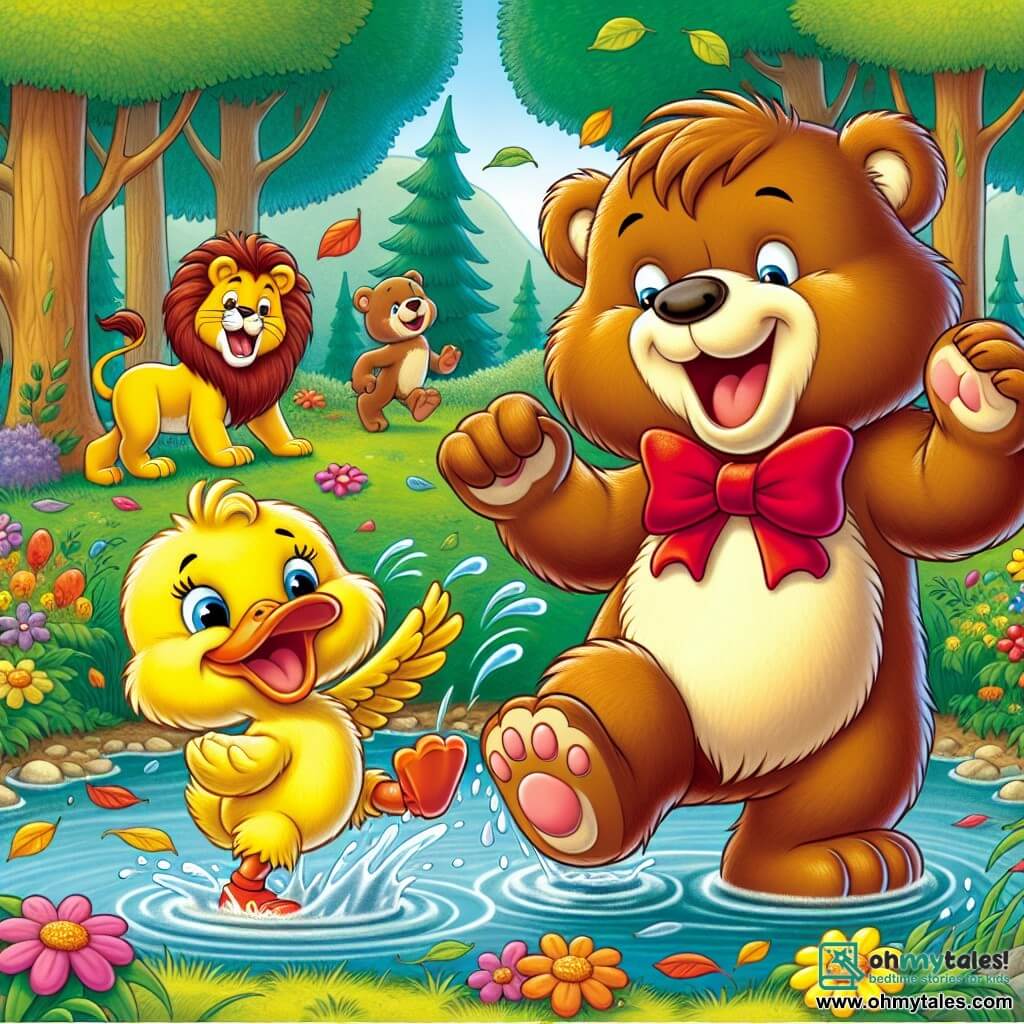 A bear named Benny, with soft brown fur and a large red bow tie, joyfully dances by a pond, his face radiating happiness and excitement. Next to him, a lion named Leo, with a golden mane and a mischievous smile, shakes off after falling into the water, splashing droplets around him. Not far away, a little duck named Daisy, with bright yellow feathers, laughs as she tries to put on her wet dancing shoes, her eyes sparkling with mischief. The pond is surrounded by tall green trees, colorful flowers, and falling leaves, creating a joyful and lively atmosphere. The scene depicts Benny, Leo, and Daisy laughing and dancing together, celebrating their friendship and a day full of adventures.