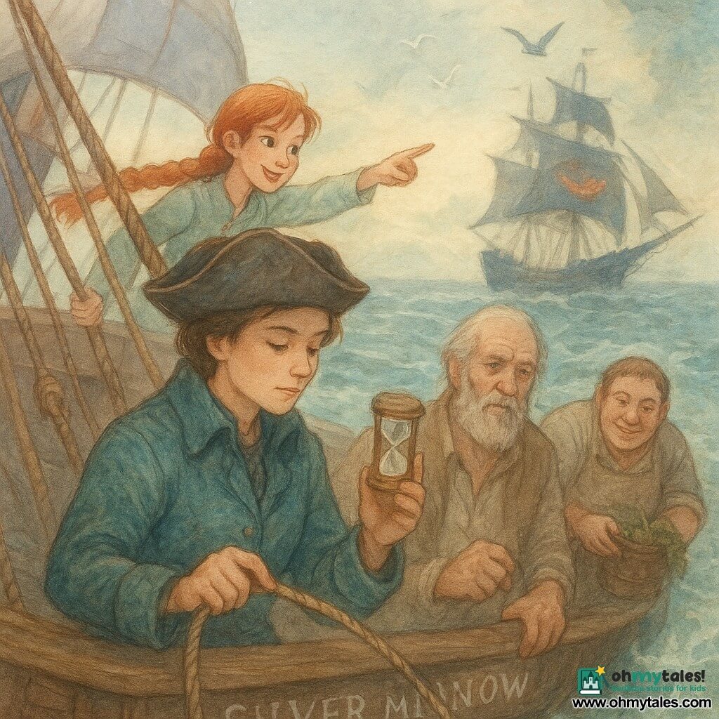 Captain Mira Quill, ~30, focused and calm with short brown hair under a worn tricorn and a creased teal coat, holds a wooden loch log and counts at the stern; Tamsin, ~16, sharp, mischievous red-braided girl, perched on the left yard pointing at another ship; Fen, ~65, wrinkled with a scruffy gray beard, stands by the poop holding a small wooden hourglass and watching the knots; Jory, ~35, broad and jovial with an onion-stained apron, leans over the starboard rail ready to toss a bucket of seaweed as a false trail; the Silver Minnow’s deck is dark waxed wood with wet gleaming rigging and silver sails, white spray and green foam around the hull; background shows a dark, swirling tide rip with foam rings and circling birds, and the distant silhouette of the Grinning Wraith flying a large red smiling banner; overall mood: quiet tension as the small frigate speeds through the turbulent current, crew using the loch log and quick, calculated actions to deceive a pursuer—adventure and cunning.