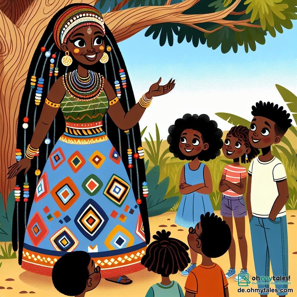 Amina, eine afrikanische Frau in ihren Dreißigern, steht lächelnd im Mittelpunkt der Szene. Sie hat lange schwarze Zöpfe, geschmückt mit bunten Perlen, und trägt ein traditionelles Kleid aus lebhaftem, geometrisch gemustertem Stoff. Ihre Augen strahlen Weisheit und Empathie aus, während sie den Kindern, die ihr aufmerksam zuhören, die Hand entgegenstreckt. Neben ihr steht Kito, ein 20-jähriger junger Mann mit kurzen Haaren, in einem einfachen T-Shirt und einer Stoffhose, bewundernd auf Amina blickend. Eine Gruppe von Kindern, zwei Mädchen und ein Junge im Alter von etwa 8 bis 10 Jahren, umringt sie, fasziniert von der Geschichte, die Amina erzählt. Die Mädchen tragen bunte Kleider, während der Junge Shorts und ein T-Shirt hat. Die Szene spielt unter einem majestätischen Baobab, dessen breite Äste Schatten spenden. Der Boden ist mit grünen Blättern und wilden Blumen bedeckt, im Hintergrund sind typische Lehmhäuser eines afrikanischen Dorfes mit warmen Farben und Strohdächern zu sehen. Amina erzählt den Kindern eine fesselnde Geschichte über die Bedeutung von Gemeinschaft und Teilen, während die Sonne langsam untergeht und goldenes Licht auf diese lebendige und harmonische Szene wirft.