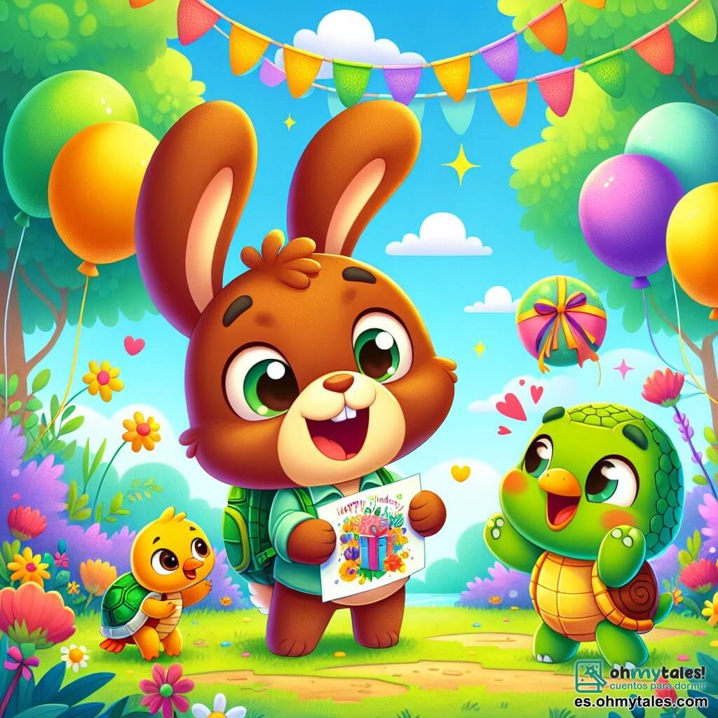 Ilustración que representa a un pequeño niño y un adorable conejo con grandes orejas y un suave pelaje marrón, que sonríe con emoción. Sostiene una gran carta colorida en sus patas, listo para dársela a su papá. A su lado, un amigo, una tortuga verde con un caparazón brillante y ojos chispeantes de alegría, mira al conejo con admiración. Otro amigo, un pato amarillo de plumas brillantes, salta de alegría agitando sus alas, expresando su entusiasmo por la fiesta. El lugar es un claro encantado en un bosque colorido, con flores brillantes de todos los colores, árboles majestuosos de hojas verdes y un cielo azul con nubes blancas esponjosas. La situación principal muestra al niño conejo y sus amigos preparando una fiesta sorpresa por el Día del Padre, rodeados de decoraciones coloridas y deliciosos bocadillos, listos para celebrar el amor y la amistad. Otros elementos gráficos incluyen globos flotando en el aire, un gran cartel que dice "Feliz Día del Padre" en letras alegres, y sonrisas radiantes en los rostros de los personajes, creando una atmósfera festiva y cálida.
