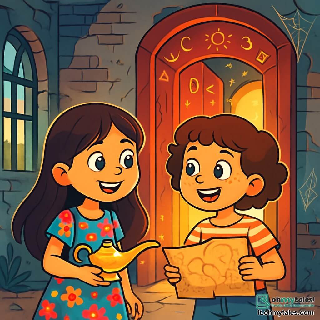 Ci sono 2 personaggi principali: Giulia, una ragazza di 8 anni con lunghi capelli castani e occhi scintillanti, che indossa un vestito colorato con motivi floreali e tiene una piccola lampada magica che emana una luce soffusa; e Marta, una ragazza di 8 anni con capelli corti e ricci di colore castano, che indossa una maglietta a righe e un pantaloncino di jeans, e tiene una mappa antica che scintilla leggermente. Le due amiche si trovano davanti a una porta misteriosa, decorata con simboli dorati, che si apre su un corridoio luminoso. La scena si svolge in un antico edificio abbandonato, con muri di mattoni usurati e finestre rotte, dove la luce del sole filtra attraverso i detriti, creando ombre danzanti sul pavimento. La porta, di velluto rosso, è circondata da polvere e ragnatele, aggiungendo un tocco di mistero all'atmosfera. Giulia e Marta sono pronte a entrare nel corridoio magico, i loro volti illuminati dall'eccitazione e dalla curiosità, scambiandosi uno sguardo complice, determinate a scoprire le meraviglie che le aspettano nel mondo fantastico oltre la porta.