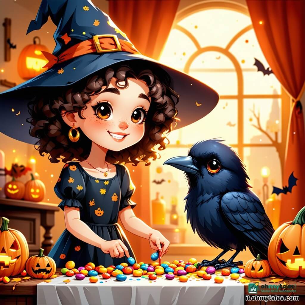 Una ragazza di 8 anni, Chiara, con capelli ricci e un grande sorriso radioso, sta decorando un tavolo per Halloween. Indossa un bel costume da strega, con un vestito nero decorato con motivi di zucche e un piccolo cappello a punta. I suoi occhi brillano di eccitazione e gioia. Accanto a lei, un corvo nero dalle piume lucenti si posa sul bordo del tavolo, osservando attentamente i dolcetti colorati. Sembra curioso e amichevole, pronto ad aiutare Chiara nel suo compito. Il luogo è un soggiorno accogliente, con pareti dipinte di arancione e decorazioni di Halloween appese. Festoni di pipistrelli di carta e lanterne a forma di zucca illuminano la stanza, creando un'atmosfera festosa e magica. La scena principale mostra Chiara mentre dispone dolcetti multicolori sul tavolo, circondata da sagome di carta di fantasmi e pipistrelli che danzano alla luce delle candele. L'atmosfera è gioiosa e piena di magia, pronta per la festa di Halloween.