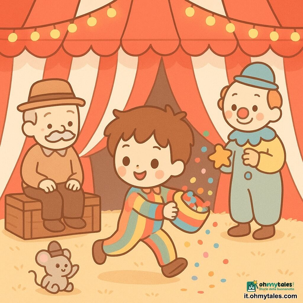 Un bambino di 6 anni, allegro ma concentrato, capelli castani spettinati e occhi vivaci, indossa un piccolo costume a righe colorate e tiene una scatola rotonda arcobaleno di coriandoli che apre lentamente mentre termina una pirouetta; a sinistra seduto su un baule c'è un uomo anziano (Nonno Tino) di circa 70 anni, dal volto dolce con baffi ricci e cappello consumato, che sorride guardando il bambino con orgoglio; sullo sfondo a destra un clown adulto di circa 30 anni, trucco semplice e naso rosso, in abito largo pastello fa una piccola riverenza tenendo un biscotto a forma di stella; vicino al piede del bambino su un baule c'è un piccolo topo di peluche con un minuscolo cappello che fa un saluto comico; l'ambientazione è l'interno di un tendone da circo a righe rosse e bianche con luci calde sospese, paglia a terra e bauli di legno sullo sfondo; scena centrata e leggibile per bambini, atmosfera gioiosa, colori vivaci, forme arrotondate e semplici.