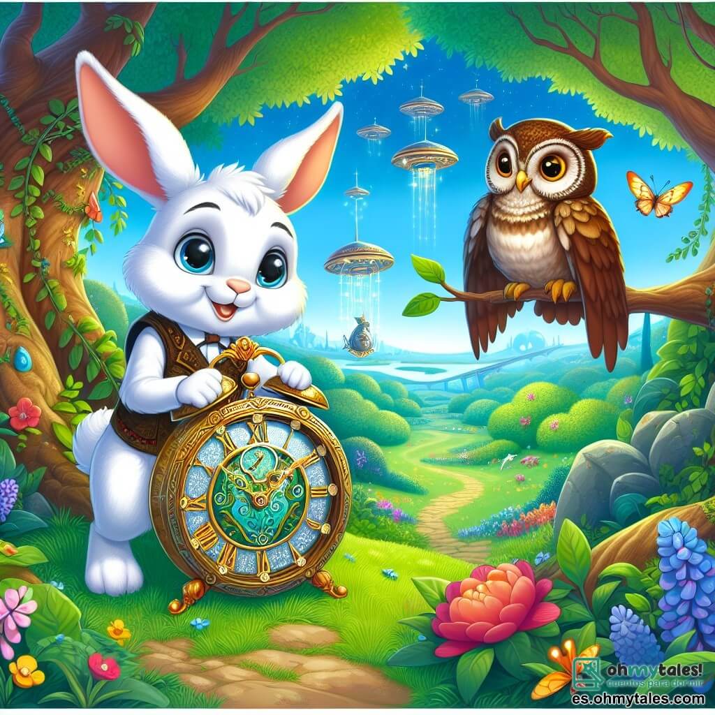 Tito, un pequeño conejo de grandes orejas y pelaje blanco, está de pie en un jardín verde, con ojos brillantes de curiosidad y una gran sonrisa en su cara. Sostiene un magnífico reloj antiguo, adornado con motivos dorados, que brilla con una luz mágica. A su lado está Bonifacio, un sabio búho de plumas marrones y ojos redondos y traviesos, posado en una rama. Mira a Tito con benevolencia, con una expresión divertida, mientras señala el jardín exuberante que los rodea. El jardín está lleno de flores coloridas, mariposas revoloteando y árboles majestuosos, bajo un cielo azul brillante. A lo lejos, se ven máquinas voladoras deslizándose suavemente por el aire, añadiendo un toque futurista a este encantador paisaje. La escena representa el momento en que Tito descubre el reloj mágico, listo para embarcarse en una aventura en el tiempo, con una atmósfera de misterio y emoción palpable en el aire.