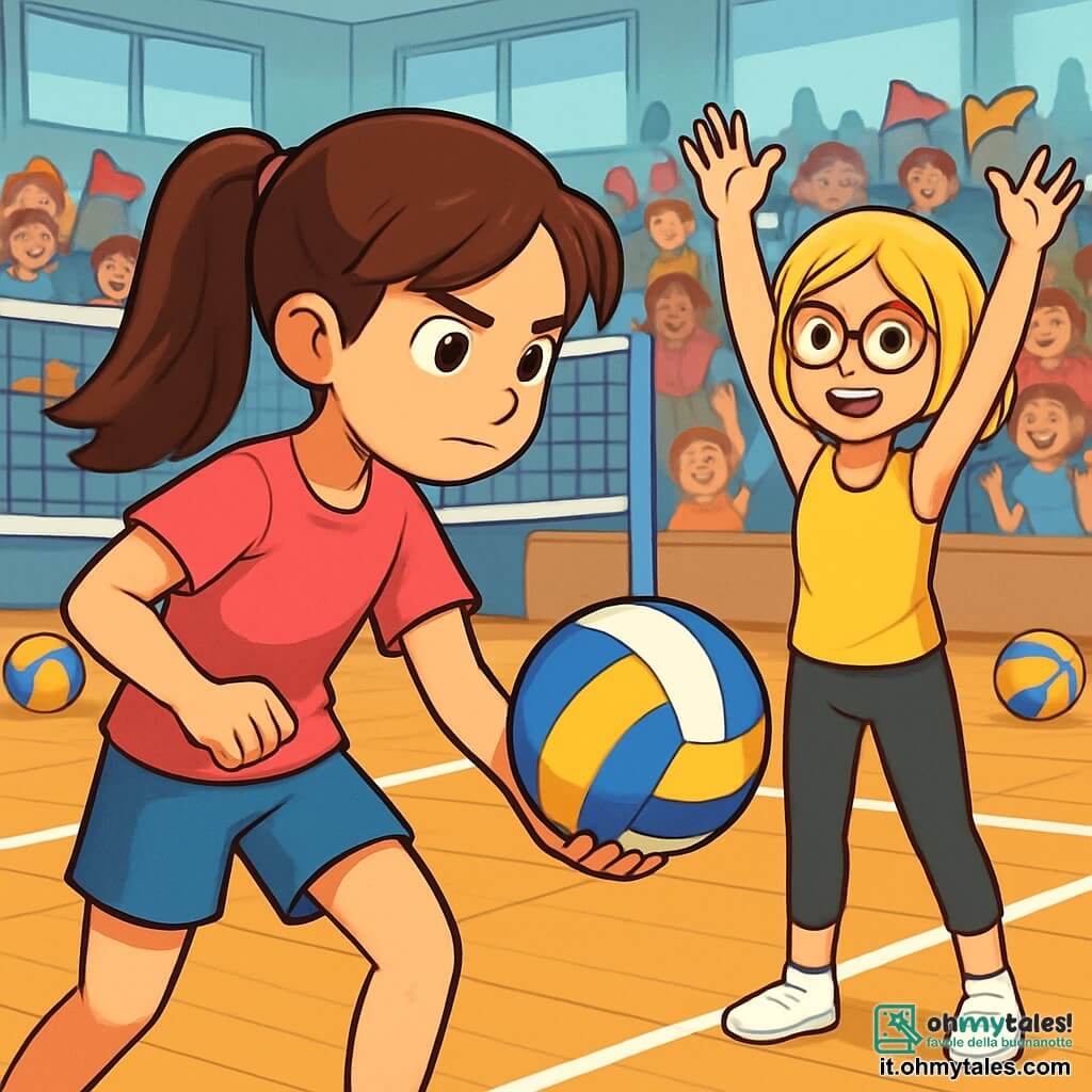Ci sono due personaggi principali: - Anna: una ragazza di 12 anni, con lunghi capelli castani legati in una coda di cavallo, indossa una maglietta rosa e pantaloni corti blu. Si trova sul campo da volley, pronta a servire la palla, con un'espressione concentrata sul viso. - Sofia: una ragazza di 12 anni, con capelli biondi corti e occhiali rotondi, veste una canottiera gialla e pantaloni sportivi neri. Si trova a pochi passi da Anna, sorridente e incoraggiante, alzando le braccia in segno di sostegno. La scena principale si svolge in un'ampia palestra luminosa, con un pavimento in legno lucido e linee bianche tracciate per il volley. Le reti da volley sono tese alle due estremità del campo e spettatori entusiasti sono seduti sugli spalti, sventolando bandiere colorate. La situazione principale mostra Anna e Sofia in azione durante una partita di volley. Anna si prepara a servire la palla, mentre Sofia la incoraggia con un grande sorriso. L'atmosfera è piena di energia, con colori vivaci e espressioni gioiose sui volti dei bambini che le circondano.