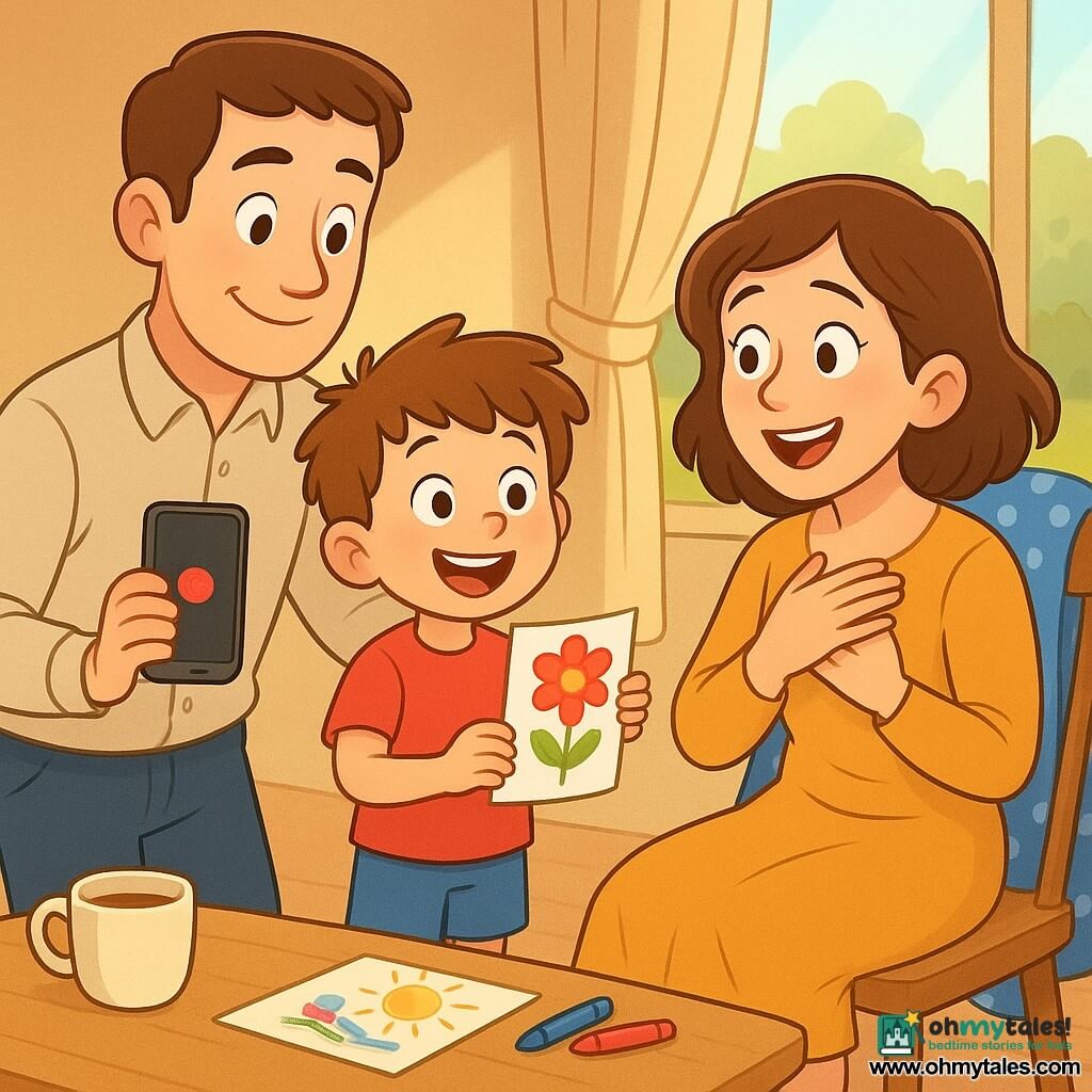 A happy, proud 4-year-old boy with messy hair, star socks and rosy cheeks offers an envelope with a colorful drawing and a small plate of orange segments arranged like a flower; a man in his early 30s with a gentle smile and simple shirt stands beside him with an arm around him holding a phone showing a recording screen; the mother, also in her early 30s, emotional and smiling with slightly tousled hair, sits on a chair draped with a blue polka-dot scarf, hands on her heart; bright warm interior with a light wood table holding a steaming cup of tea, crayons and colored paper, a soft rug and a window to a sunny garden casting a soft yellow square of light on the floor; Mother's Day surprise — the boy offers his drawing and a fruit flower, the father shows the voice recording, and the mother prepares to join a big family hug.