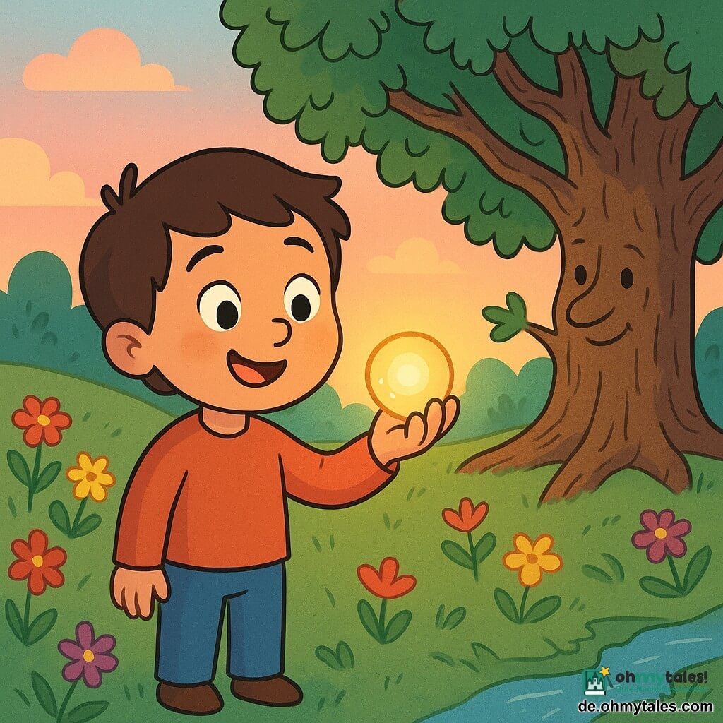 Ein Mann namens Lio, groß und lächelnd, mit braunen Haaren und neugierigen Augen, steht inmitten einer verzauberten Lichtung. Er betrachtet mit Staunen einen kleinen, runden und leuchtenden „Licht-Stein“, der in seiner Hand funkelt und sein Gesicht in sanftes goldenes Licht taucht. In der Nähe scheint eine majestätische alte Eiche, mit rauer Rinde und ausladenden Ästen, Lio zuzuhören, während ihre Blätter sanft im Wind tanzen. Die Lichtung ist von bunten Blumen umgeben, deren Blütenblätter leuchtend rot, gelb und violett sind, und ein kleiner Bach glitzert, während er sich durch das grüne Gras schlängelt. Lio, fasziniert, entdeckt die magische Kraft des „Licht-Steins“, der seinen Weg erleuchtet, während der Himmel im Dämmerlicht pastellfarbene Töne annimmt und eine märchenhafte, warme Atmosphäre schafft.
