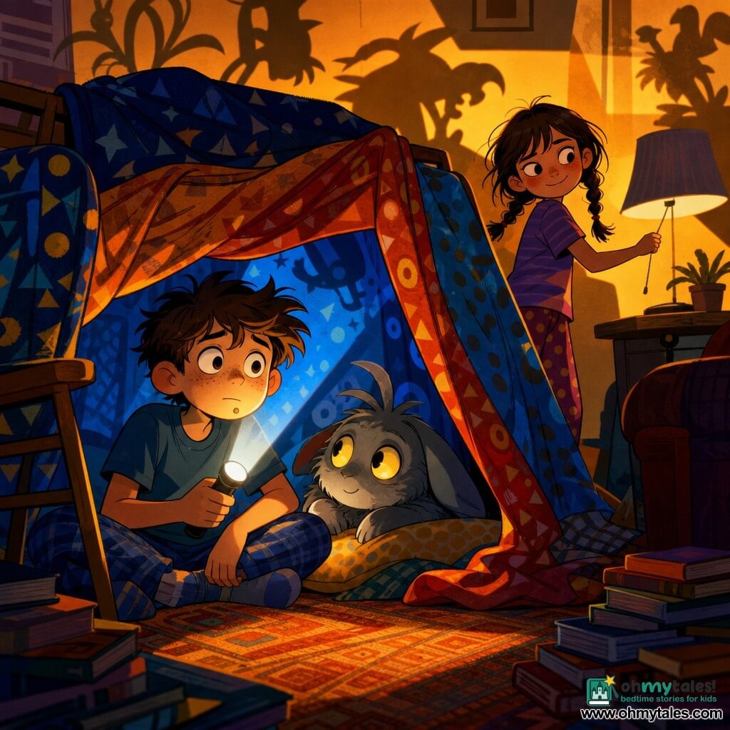 Milo, 11, round-faced with a small chin freckle and tousled brown hair, anxious but focused, holds a small white flashlight and breathes slowly to calm himself; Lina, 7, small and lively with messy braids and a reassuring, mischievous smile, gently turns off a table lamp by pulling the cord from outside their blanket fort; Nib, a cat-sized imaginary creature with soft gray fur, long drooping ears and glowing golden eyes, sits on the cushion beside Milo, calm and protective; setting: a living room turned blanket fort with colorful fabrics draped over chairs, warm lamps outside casting long shadows, a textured rug and scattered books, strong orange-to-midnight-blue contrast lighting; main moment: the flashlight goes out—its circle of light illuminates faces and fabrics while shadows sculpt the walls, Milo breathes, Lina encourages, Nib watches, creating an intimate, slightly dramatic atmosphere.