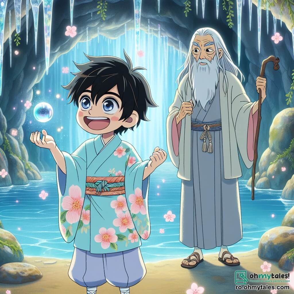 Kaito, un băiat de 10 ani, stă pe marginea unui lac cristalin într-o peșteră magică, cu ochii mari de uimire. Are părul negru și zburlit, un kimono bleu deschis cu motive de flori de cireș și un zâmbet strălucitor. Lângă el, Bătrânul Sakura, un om de 70 de ani cu barbă albă și ochi înțelepți, îl observă cu bunăvoință, purtând un kimono tradițional gri și ținând un baston, ca un ghid spiritual. Peștera este iluminată de reflecțiile argintii ale Perlei Înțelepciunii, care plutește deasupra lacului, creând o atmosferă feerică. Pereții peșterii sunt împodobiți cu cristale strălucitoare și liane verzi, iar flori de cireș cad ușor, adăugând o notă de magie. Kaito este pe cale să apuce Perla Înțelepciunii, simbolizând curajul și determinarea sa de a aduce pacea în satul său.