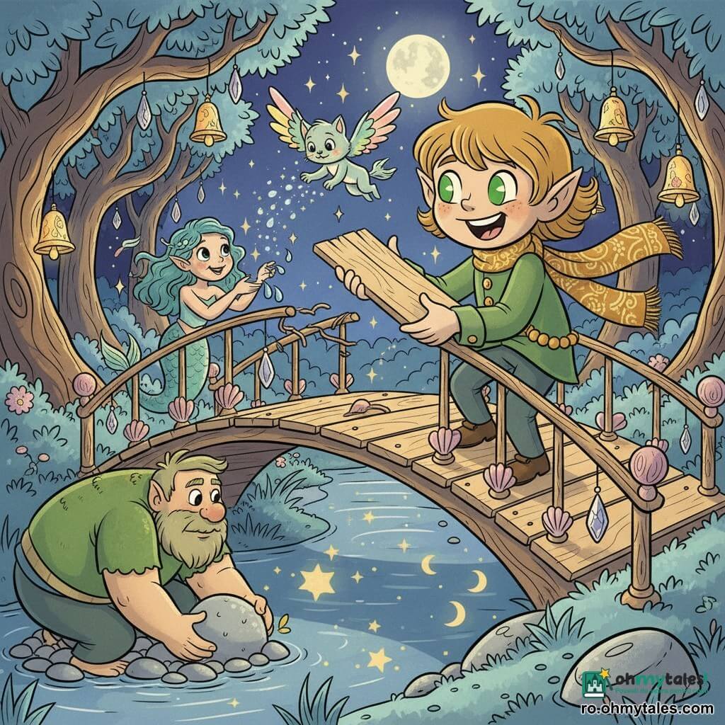 Un elf băiat vesel și hotărât, cu ochi mari verzi, păr miere tuns în șuvițe, vestă verde cu nasturi scoică și eșarfă lungă brodată cu auriu, repară podul ținând o scândură strălucitoare; o sirenă fetiță de ~10 ani cu păr albastru-verzui ondulat lipește scoici colorate pe balustradă, lăsând picături luminoase; un zănatec de mărimea unei pisici cu aripi curcubeu aruncă „praf magic” sclipitor; un gigant blând, scund și masiv, cu piele acoperită de mușchi așază pietre rotunde la baza podului; locul: un pod vechi refăcut cu scânduri deschise și balustrade împodobite cu scoici și clopoțele de cristal peste „Râul Cuvintelor Pierdute” care reflectă stele și luni, înconjurat de pădure cu frunze bleu pal, copaci răsuciți cu clopoțele agățate și licurici ca felinare; atmosferă nocturnă, lumină argintie de lună, reflecții colorate, ambient cald, magic; stil vizual: linii curbe, forme exagerate, culori pastel saturate, texturi netede și lucioase, estetică retro cartoon rubber hose.