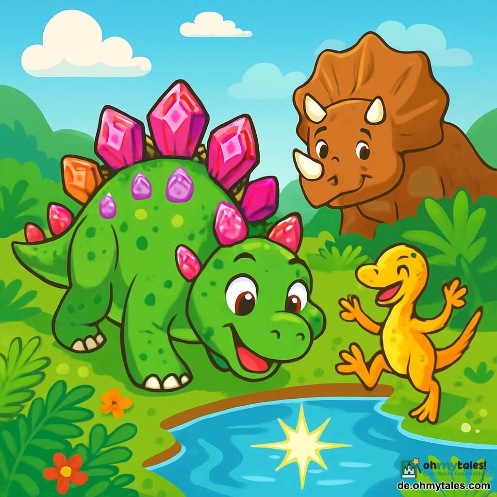 Ein Stegosaurus mit grünen und rosa Schuppen, dessen schimmernde Rückenplatten wie Edelsteine funkeln, steht am Ufer eines Sees, seine Augen leuchten vor Aufregung. Er betrachtet den Sonnenreflex auf dem Wasser, sein Ausdruck ist fröhlich und neugierig. Neben ihm hüpft ein kleiner Compsognathus mit gelben und orangefarbenen Federn, der mit einem schelmischen Lächeln Freude zeigt, während seine kleinen, agilen Beine um den Stegosaurus tanzen. Im Hintergrund steht ein Triceratops mit breitem Schädel und weißen Hörnern, der die Szene freundlich beobachtet. Die Umgebung ist ein grünes Tal, gefüllt mit üppigen Farnen und bunten Blumen, unter einem strahlend blauen Himmel mit fluffigen Wolken. Die Hauptsituation zeigt den Stegosaurus und seine Freunde, die ein mysteriöses Spiegelbild im Wasser entdecken, bereit, gemeinsam ein neues Abenteuer zu erleben.