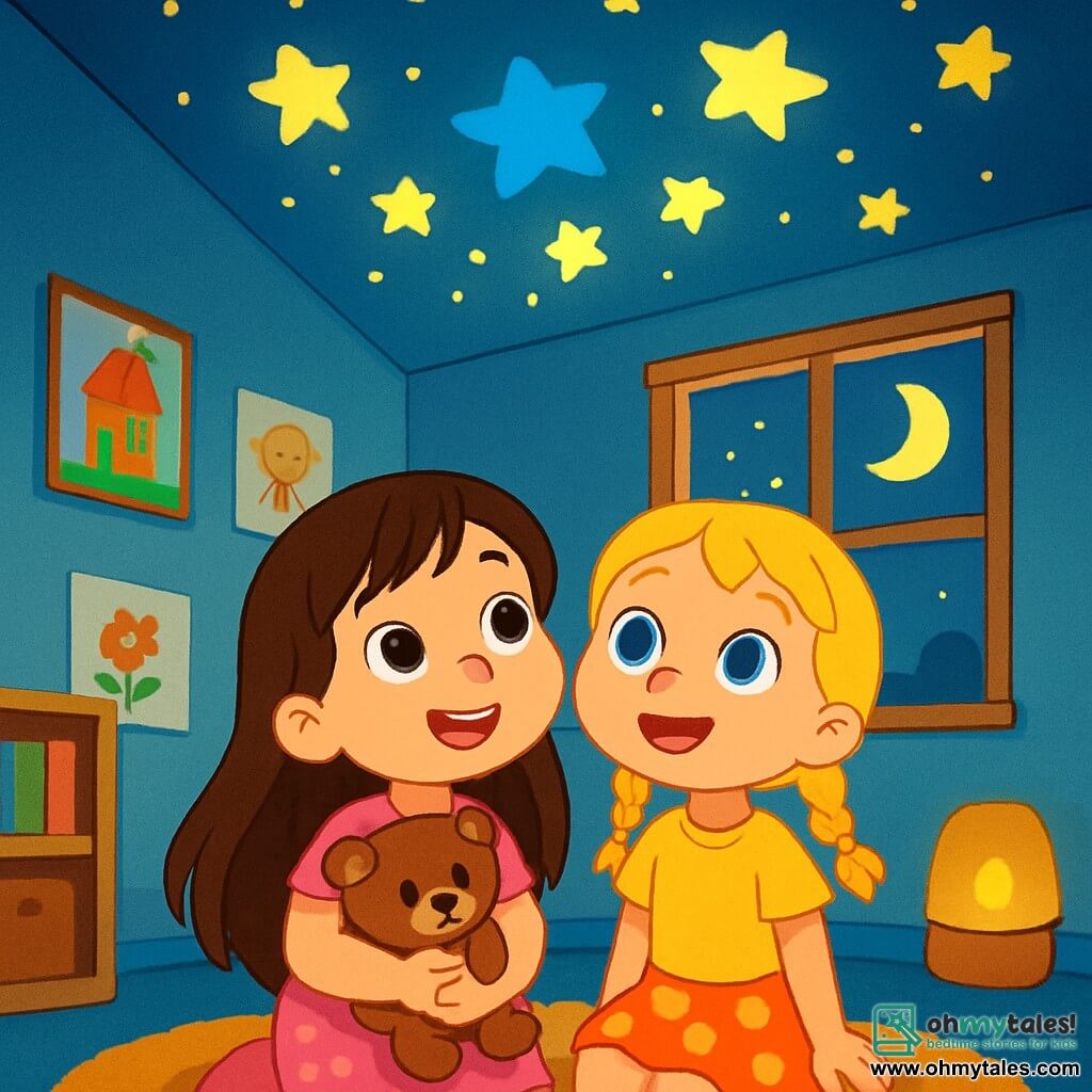 There are two main characters: - Lily: a 6-year-old girl with long brown hair and sparkling eyes. She wears a pink dress with floral patterns and holds a teddy bear in her arms. - Mia: a 6-year-old girl with braided blonde hair and big blue eyes. She wears a yellow t-shirt and a polka dot skirt. She is sitting next to Lily, and both are looking at the ceiling. The main setting is a cozy classroom with light blue walls, children's drawings hanging up, and a large window letting in moonlight. In the center of the room, there is a fluffy rug where the children sit, and a soft light from a nightlight creates stars on the ceiling. The main situation shows Lily and Mia sitting together on the rug, surrounded by the soft darkness of the classroom. They gaze in wonder at the bright stars projected on the ceiling, with their teddy bears cuddled against them. Their facial expressions reveal curiosity and amazement, turning their fear of the dark into a magical adventure.