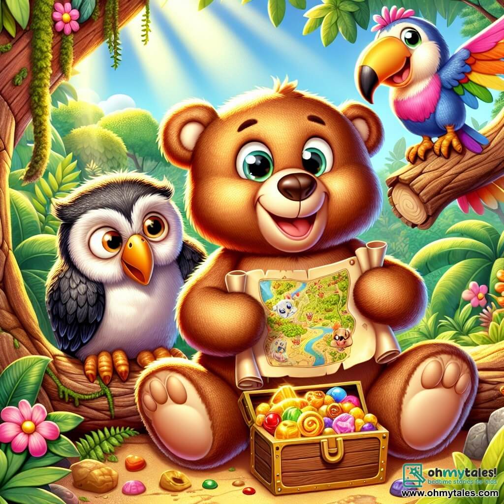 A teddy bear named Benny, with soft brown fur and big curious eyes, smiles joyfully while holding an old wooden treasure. Next to him, a wise owl named Oliver, with gray feathers and round glasses, watches the treasure map closely from a low branch. A colorful toucan named Tilly, with a bright yellow and red beak, flies around them, laughing and adding excitement to the adventure. In the background, a lush jungle filled with green trees, vibrant flowers, and sunlight filtering through the leaves stretches out. The scene shows Benny and his friends discovering a colorful box filled with delicious honey cakes, all laughing and sharing this sweet treasure together.