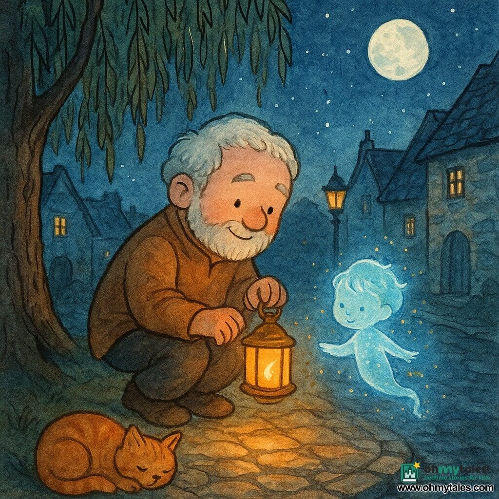 A gentle bearded man named Eliot, round-faced with soft gray hair, kneels by an old willow holding a small golden lantern casting warm amber light; a tiny night spirit—a luminous boy-like floating creature with a translucent blue-silver form and golden sparks—hovers inches away following the lantern; a sleepy male orange tabby curled on the cobbles by a porch watches with one eye half-closed; the village has wet cobbled lanes, stone cottages with slate roofs, hanging willow branches, old lampposts, and a deep starry sky with a silver moon; Eliot gently guides the spirit to the village edge as circles of golden light fall on the wet ground, calm, magical, reassuring mood, warm light and soft blues, colored-ink illustration with fine lines, soft washes, delicate contours, centered composition suitable for a 4-year-old