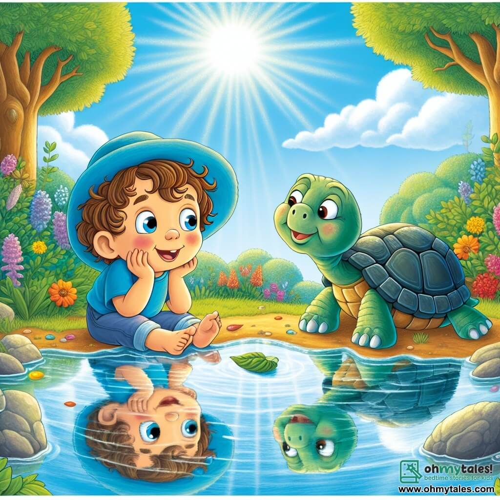 A 3-year-old boy named Leo, with curly hair and sparkling curious eyes, wears a bright blue hat. He smiles in wonder, sitting by a magical pond with his feet in the water, contemplating his reflection. Next to him is a wise old turtle named Tully, with a shiny shell and gentle eyes, standing on a rock and looking at Leo kindly. The setting is an enchanting garden filled with colorful flowers and majestic trees under a blue sky dotted with fluffy clouds. The main scene shows Leo asking questions to Tully while sun rays filter through the leaves, creating a warm and magical atmosphere.