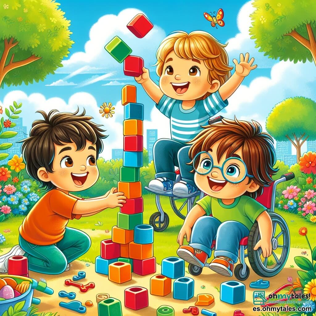 En un jardín soleado, tres amigos se divierten construyendo una torre de bloques de colores. Pedrito, un niño de 7 años con cabello castaño desordenado y ojos brillantes, está agachado a la izquierda, sosteniendo un gran bloque rojo. Nico, un niño de 6 años con cabello rubio y gafas redondas, salta alegremente en el centro, listo para añadir un bloque azul en la parte superior de la torre. Tomi, un niño de 8 años en silla de ruedas, con cabello castaño y una gran sonrisa, está a la derecha, empujando un bloque verde hacia la pila, rodeado de juguetes esparcidos. El jardín está lleno de flores coloridas, árboles verdes y un cielo azul brillante. Al fondo, una pequeña mariposa vuela alrededor de ellos. La escena principal muestra a los tres amigos riendo juntos mientras su torre de bloques comienza a inclinarse peligrosamente, creando un momento de suspense y alegría.