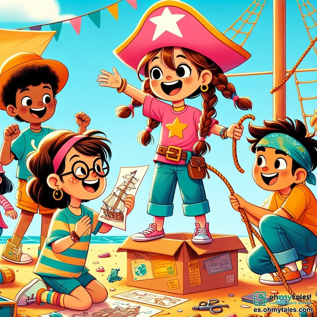 Una niña de 10 años, llamada Martina, está en el centro de la imagen, con una gran sonrisa en su rostro. Lleva una gorra rosa con una estrella amarilla, el cabello castaño recogido en dos coletas y una camiseta colorida con motivos de piratas. Martina dirige a sus amigos, con los brazos levantados con entusiasmo, como una verdadera capitana de barco. A su derecha, Lucas, un niño de 11 años, es alto y delgado, con gafas redondas y cabello despeinado. Sostiene una cuerda, concentrado, listo para ayudar a construir el barco. A su izquierda, Sara, una niña de 10 años con grandes gafas y cabello castaño, está sentada en el suelo, rodeada de hojas, dibujando mapas del tesoro. Finalmente, Tomás, un niño de 9 años con cabello rizado y una gran sonrisa, se ríe sentado en una caja de cartón, añadiendo humor a la escena. El lugar es un parque soleado, con un gran tobogán amarillo que parece un mástil de barco, árboles verdes y flores coloridas que dan vida al entorno. La escena está llena de alegría y energía, con risas y voces que parecen salir de la imagen. Los niños están construyendo su barco pirata imaginario con cartones y hojas, riendo y divirtiéndose juntos, ilustrando el espíritu de amistad y aventura que los une.