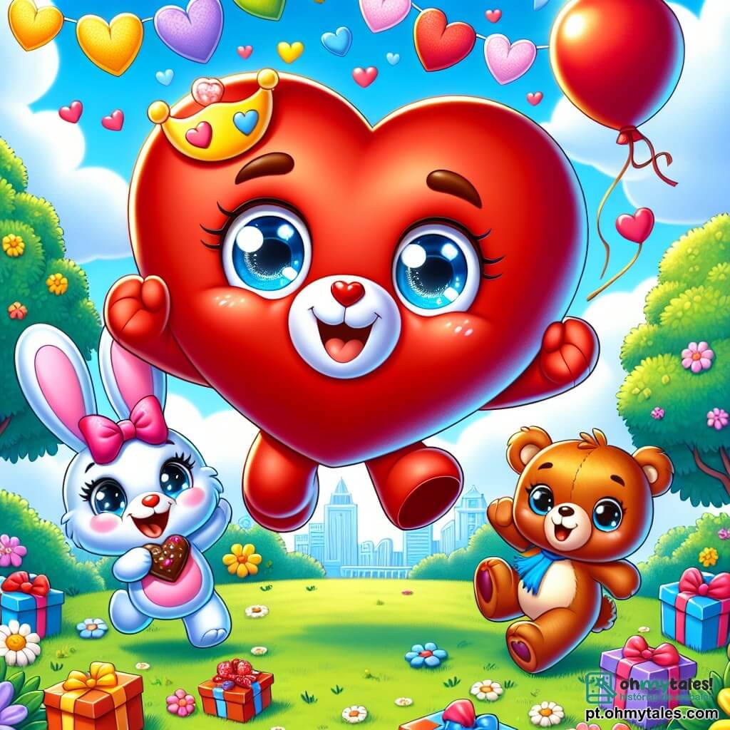 No centro da imagem, um grande coração de pelúcia vermelho chamado Valentim, com olhos brilhantes e um sorriso caloroso, está pulando de alegria, cercado por pequenos presentes coloridos. Ele parece muito feliz e entusiasmado, com os braços abertos como se quisesse abraçar seus amigos. À sua direita, uma coelhinha de pelúcia, a Coelha Clara, com grandes orelhas e um lindo laço rosa na cabeça, ri alto enquanto segura um chocolate em suas patas. À sua esquerda, o pequeno urso de pelúcia Tico, com um sorriso travesso e um cachecol azul, dança alegremente segurando um balão. O cenário é um parque ensolarado, cheio de flores coloridas e árvores verdes, sob um grande céu azul salpicado de nuvens fofas. Fitas de corações de papel flutuam no ar, acrescentando um toque festivo à atmosfera. A situação principal mostra Valentim e seus amigos em uma caça ao tesouro, descobrindo surpresas escondidas sob as árvores e atrás dos bancos, todos rindo e se divertindo juntos, celebrando a alegria da amizade em vez da romance.
