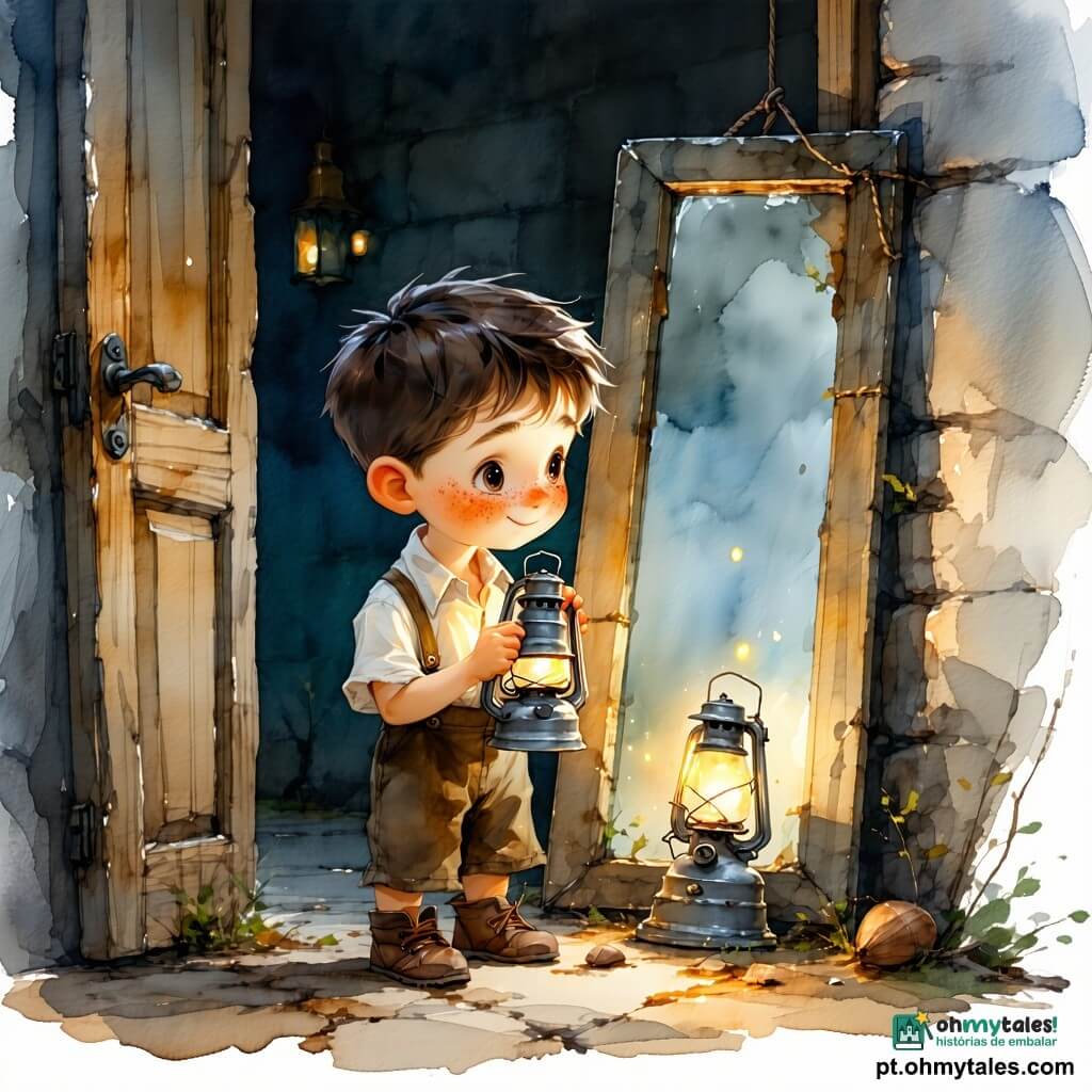 Um menino de 8 anos, rosto redondo com sardas e cabelo castanho curto, olhar arregalado mas resoluto, segura contra o peito uma pequena lanterna metálica um pouco amassada cuja luz amarela pálida traça uma linha no chão empoeirado e parece sussurrar, flutuando ligeiramente sobre a mão; num canto, um grande espelho coberto por um velho lençol branco treme como uma vela, junto a caixas empilhadas uma portinha de madeira entreaberta revela uma fresta negra e uma fechadura enferrujada, e a janela redonda atrás mostra um jardim encoberto de neblina com árvores desfocadas e gotas de chuva; o sótão está cheio — assoalho rachado, caixas abertas, poeira iluminada pela lanterna — e o menino avança com cautela apontando o fino feixe de luz para o espelho, a porta e a janela, numa atmosfera misteriosa, infantil e levemente inquietante.