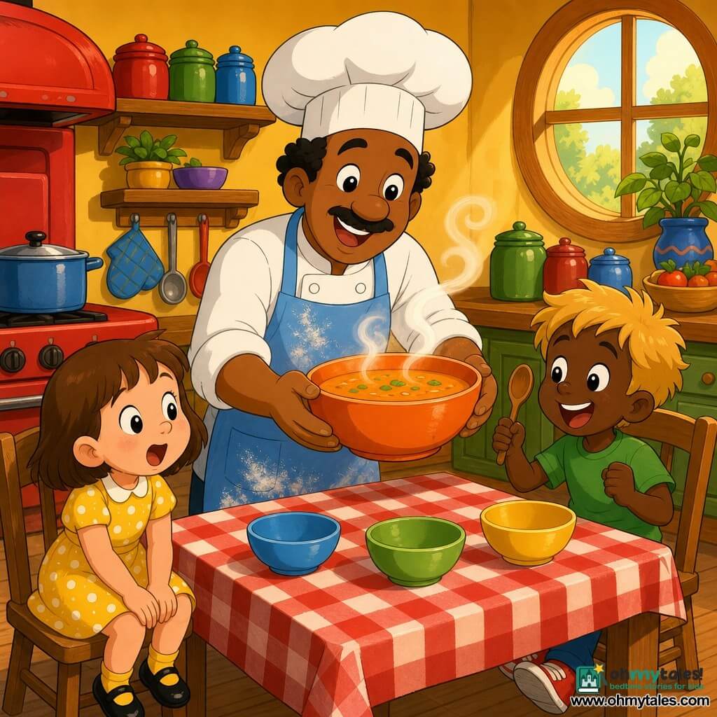 A smiling, kind Chef Leo in an oversized white chef’s hat and a light blue apron lightly dusted with flour holds a steaming bowl of orange soup toward a table; a 5‑year‑old girl with a short brown bob in a yellow polka‑dot dress sits left, hands on her knees, gazing in wonder, and a 6‑year‑old boy with tousled blond hair in a green T‑shirt sits right, bouncing with a small wooden spoon; the warm, colorful kitchen has a light wood table with a red‑and‑white check tablecloth, shelves of jars, a large red oven and a round window letting in soft golden light, steam spirals rising above the bowls, creating a cozy family‑sharing atmosphere.