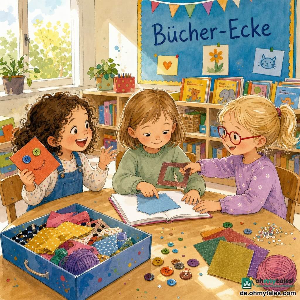 Drei Mädchen, je etwa 5 Jahre: Mila (hellbraunes Haar, hellgrüner Pullover, sitzt in der Mitte, hält eine Buchseite mit aufgeklebtem hellblauem Stoffquadrat und berührt es vorsichtig), Aylin (braune Locken, ausdrucksstarkes Gesicht, breites Lächeln, links von Mila, hält ein buntes Blatt mit aufgeklebten Knöpfen als Augen und gestikuliert fröhlich), Greta (blonde zusammengebundene Haare, rote Brille, rechts von Mila, hält einen mit Sandpapier eingefassten Papierrahmen, zeigt ihn Mila und legt die Hand nahe an die gemeinsame Seite). Ort: Werkstattecke im Kindergarten mit kleinem hellen Holztisch, offener Materialkiste (Stoffe, Wolle, Knöpfe, Sandpapier, verstreuter Glitzer), niedrigen Regalen mit bunten Büchern und einem großen Schild "Bücher-Ecke", sanftes Morgenlicht durch ein Fenster. Hauptsache: Die drei basteln gemeinsam ein kleines Fühlbuch — Milas Seite mit weichem Stoff, Aylins bunte Seite mit Knöpfen, Gretas Seite mit Sandpapier; sie teilen Materialien, sind konzentriert und zeigen Neugier, Respekt und Zusammenhalt.