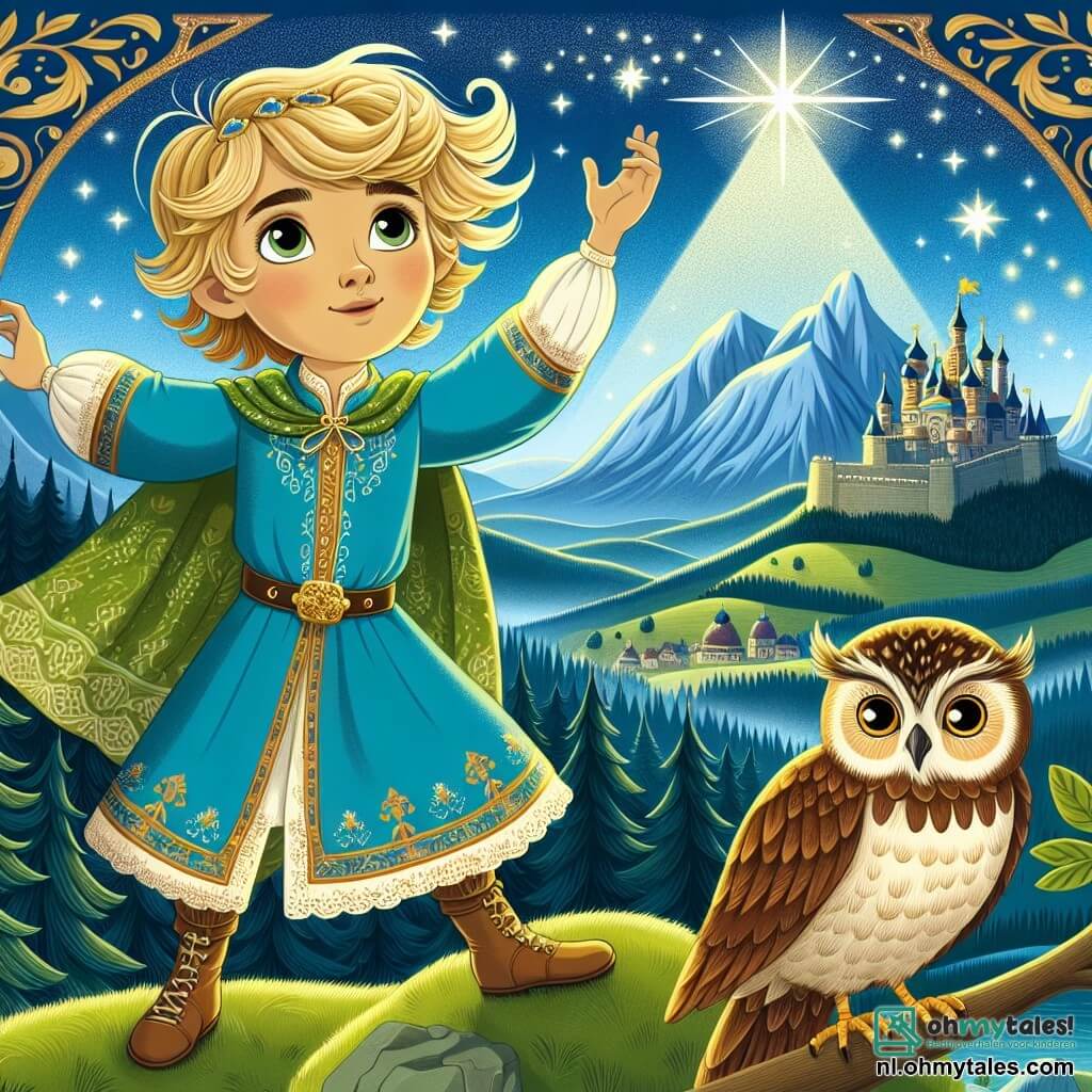 Een prins genaamd Leo, ongeveer 10 jaar oud, staat op de top van een groene heuvel, met ogen vol verwondering. Hij draagt een luchtige blauwe tuniek met gouden patronen en een delicate kroon op zijn hoofd. Zijn blonde haar waait zachtjes in de wind terwijl hij zijn hand uitsteekt naar een fonkelende ster aan de nachtelijke hemel, zijn gezicht verlicht door de magie van het moment. Naast hem zit een oude wijze uil met bruine veren en ronde gouden ogen op een tak. Ze kijkt vriendelijk naar de prins, klaar om hem advies te geven voor zijn avontuur. Op de achtergrond strekt een uitgestrekt landschap van majestueuze bergen en weelderige bossen zich uit, onder een sterrenhemel waar de Glanzende Ster fel straalt en de scène verlicht met een zachte zilveren gloed. De hoofdscène toont prins Leo, verwonderd en vastberaden, die zich voorbereidt om naar de Glanzende Ster te vliegen, met de uil aan zijn zijde, die wijsheid en vriendschap symboliseert in zijn magische avontuur.