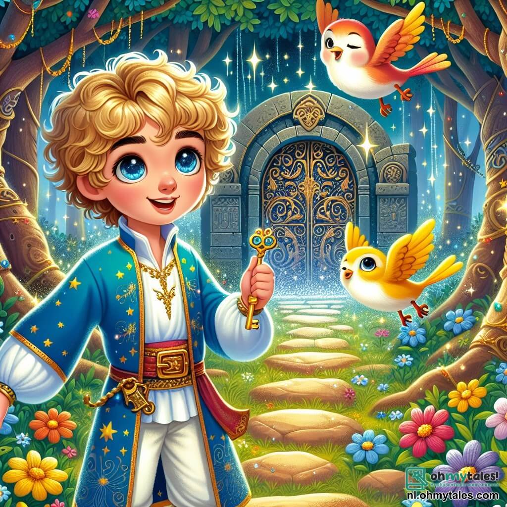Een prins, genaamd Leo, ongeveer 10 jaar oud, staat in het midden van de scène. Hij heeft krullend blond haar en nieuwsgierige, sprankelende ogen. Hij draagt een blauwe tuniek versierd met gouden motieven en een witte broek. Leo heeft een brede glimlach vol verwondering terwijl hij een glinsterende gouden sleutel in zijn hand houdt. Naast hem vliegt een kleurrijk vogeltje, met gele en rode veren, vrolijk om hem heen. Het vogeltje lijkt te fluiten, wat een vleugje magie aan de sfeer toevoegt. De scène speelt zich af in een prachtige betoverde bos, waar de bomen hoog en majestueus zijn, hun bladeren schitteren als sterren. Multicolore bloemen dansen in de wind, en een pad van glinsterende stenen leidt naar een grote oude deur, versierd met mysterieuze motieven. Leo staat voor deze deur, klaar om hem te openen met de gouden sleutel, zijn ogen stralend van opwinding en avontuur. Het is een moment van ontdekking, waar magie en vriendschap elkaar ontmoeten in een feeërieke wereld.