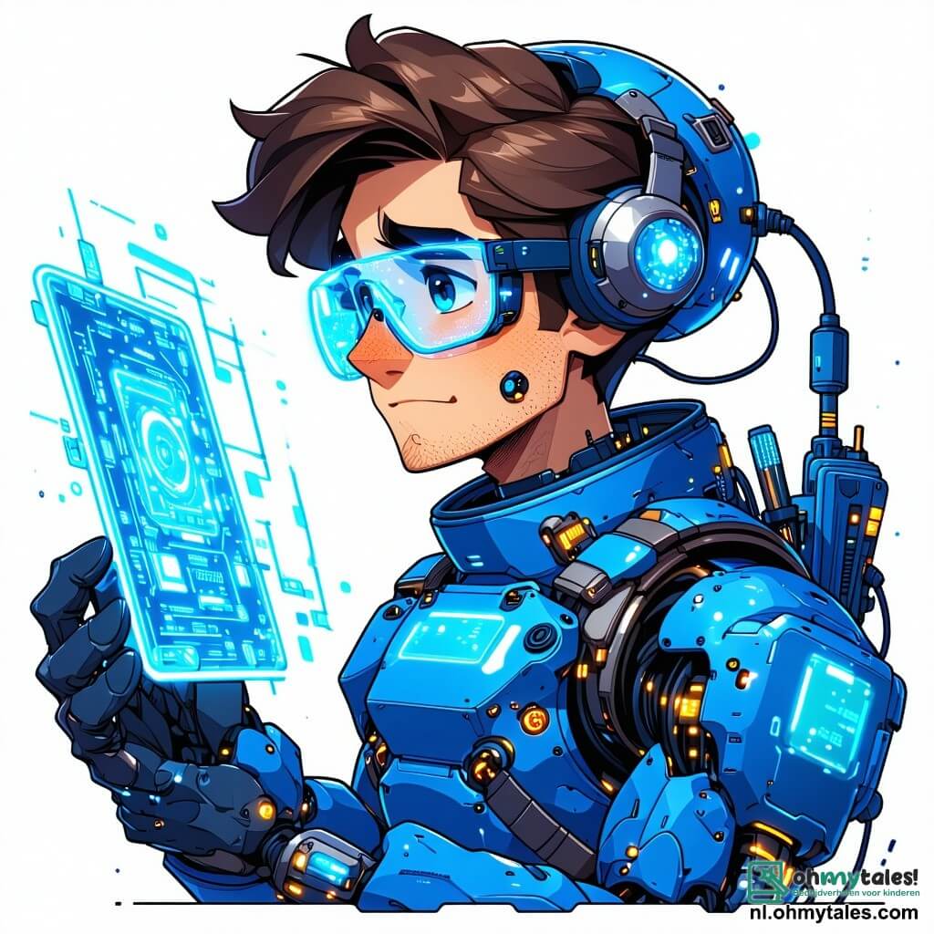 Een man, ingenieur Finn, staat in het midden van de afbeelding, met rommelig bruin haar en futuristische brillen die glinsteren. Zijn gezicht toont intense concentratie en een lichte nervositeit terwijl hij een holografisch scherm voor zich bekijkt. Hij draagt een blauwe ruimtepak versierd met glanzende gadgets en zakken vol gereedschap. Naast hem zweeft zijn robotassistent Pico, een kleine ronde robot met heldere ogen en een vriendelijke glimlach. Pico houdt een moersleutel vast, klaar om Finn te helpen. Op de achtergrond is het ruimteschip Nova Explorer zichtbaar, met glanzende motoren en uitgeklapte zonnepanelen, terwijl het mysterieuze station STELLARIS, donker en stil, in de ruimte opdoemt, omringd door fonkelende sterren en een kleurrijke nevel. Finn is geconcentreerd en vastberaden, klaar om het station STELLARIS binnen te gaan en te ontdekken wat er is gebeurd, terwijl Pico hem aanmoedigt met een knipperend licht op zijn lichaam. De sfeer is zowel spannend als gespannen, vol mysterie en avontuur.