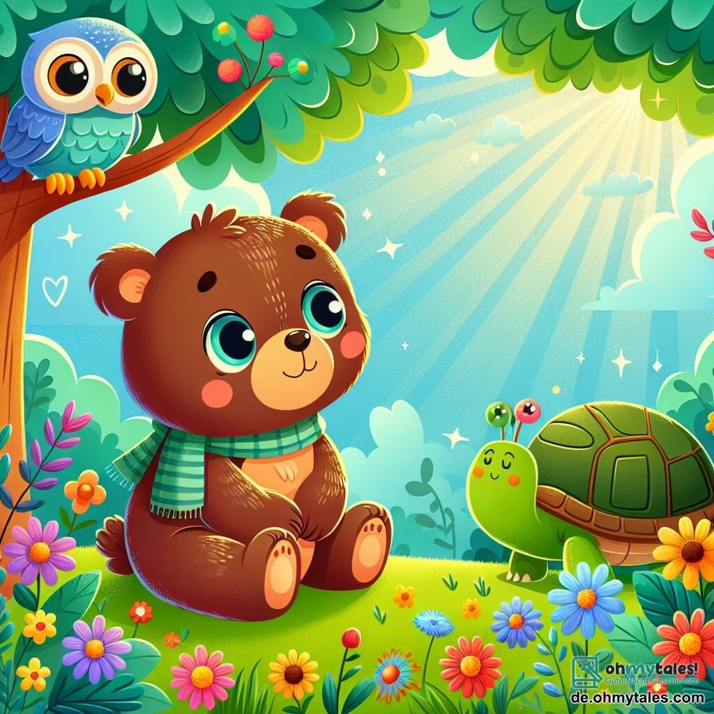 Ein kleiner brauner Bär mit funkelnden Augen und einem sanften Lächeln sitzt im grünen Gras, umgeben von bunten Blumen. Er wirkt neugierig und nachdenklich, während er staunend um sich blickt. In der Nähe sitzt eine weise Eule mit großen runden Augen und weichen Federn auf einem Ast. Sie hat einen freundlichen und ermutigenden Ausdruck und beobachtet den kleinen Bären wohlwollend. Etwas weiter entfernt bewegt sich eine alte Schildkröte mit faltigem Rücken und grünem Panzer langsam über den Boden und zeigt einen gelassenen und nachdenklichen Gesichtsausdruck. Die Szenerie ist ein wunderschöner sonniger Wald, in dem Lichtstrahlen durch die Blätter der Bäume filtern und tanzende Schatten auf den Boden werfen. Bunte Wildblumen durchziehen die Landschaft und verleihen der Umgebung einen Hauch von Magie. Die Hauptsituation zeigt den kleinen Bären, der über seinen Platz in der Welt nachdenkt, umgeben von seinen tierischen Freunden, während sie unter dem großen Baum Momente der Weisheit und Freundschaft teilen.