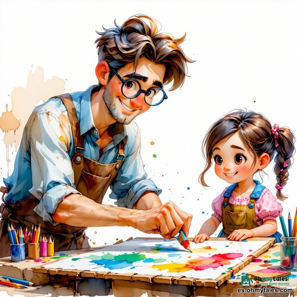 Un joven inventor sonriente y concentrado, cabello castaño claro despeinado, gafas redondas y bata manchada de pintura, coloca suavemente sobre una mesa una tabla hecha con tela, cartón y corchos; Lola, una niña de unos 9 años, alegre y traviesa, con trenza y vestido colorido, pega una tira de tela en una esquina; Don Arturo, hombre de unos 60 años, calmado y benévolo, bigote gris y gorra, está junto a la puerta con una bicicleta apoyada sonriendo; al fondo dos niños del barrio (un niño de 6 y una niña de 7) observan maravillados con lápices y muestras de material; taller luminoso con suelo cubierto de grandes planchas de cartón marrón, estantes de madera llenos de botellas, telas, cajas de herramientas y un bote de pintura volcado; sobre la mesa manchas de pintura vivas y pequeños trozos de material; escena de creación colectiva donde el inventor y sus amigos prueban y reparan la tabla inventiva, ambiente cálido, gestos precisos, colores vivos y texturas visibles (cartón arrugado, tela cosida, corchos apilados); estilo: lápices de colores, trazos suaves, paleta alegre y contrastada, luz dorada de tarde.