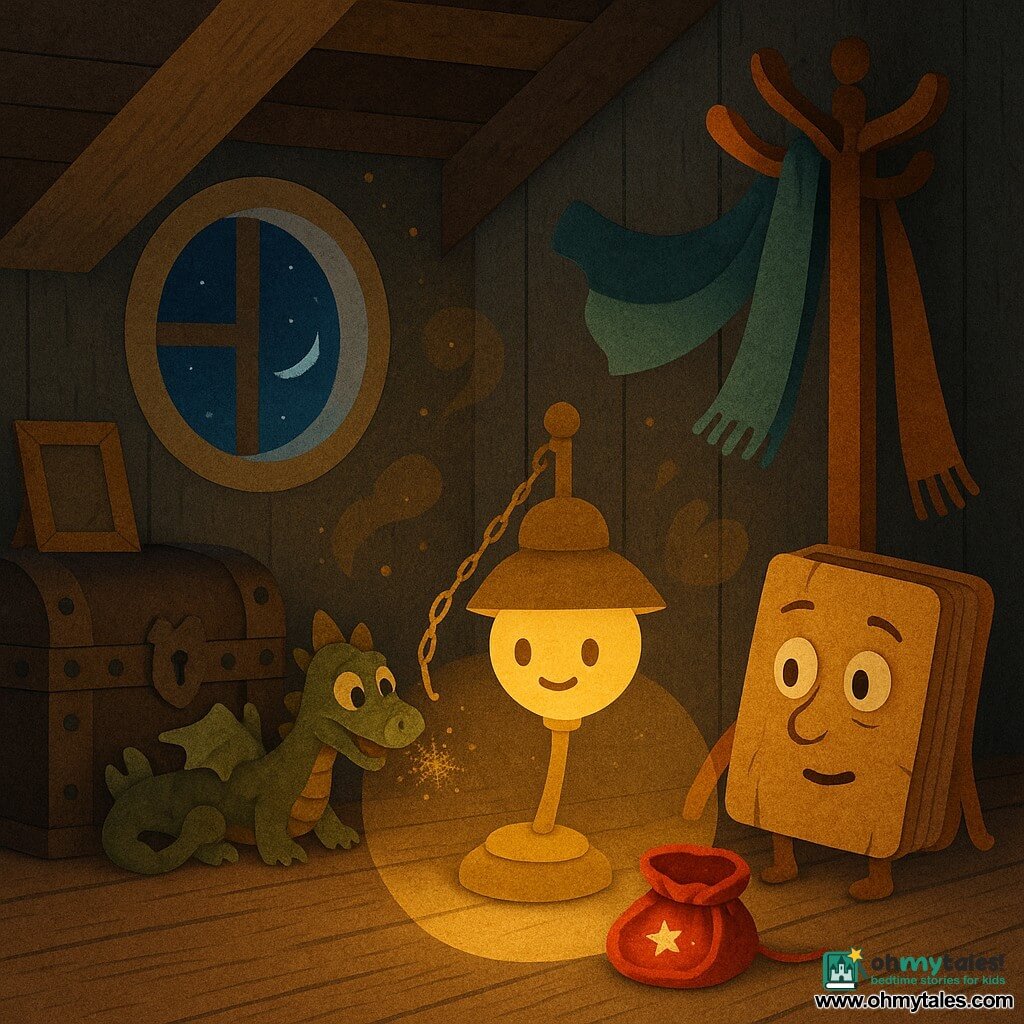 A small round brass lamp named Glint with a minimalist engraved face, gentle smiling eyes, curious and kind, holding his chain and casting a warm golden circle of light that softly brightens the space; an old cracked-spine book given human traits with tired eyes and a shy smile, sitting by a pile of books and looking at Glint with surprise and gratitude; a small wooden toy dragon with chipped paint and a mischievous, awestruck expression, half-hidden behind an old chest with a glittering tuft of straw (spark dust) in its mouth; a tall wooden coat rack wearing three colorful scarves, striking a dramatic pose and holding a scarf like a cape behind Glint, adding solemn comedy; a tiny fallen star the size of a pebble resting in an open red velvet pouch on the floor, shining with a timid, relieved sparkle; the attic shown in section with rough wooden floorboards, dusty photo frames, studded trunks, rumpled curtains and a round window letting in silver moonlight, dust swirling, warm ochre tones inside contrasted with deep blue night outside; main scene: Glint has just placed the tiny star in the velvet pouch near the window, his warm golden light bathing the pouch and the objects’ faces—a whimsical, magical atmosphere with strong contrasts, layered paper-cut textures and pronounced cutout shadows.