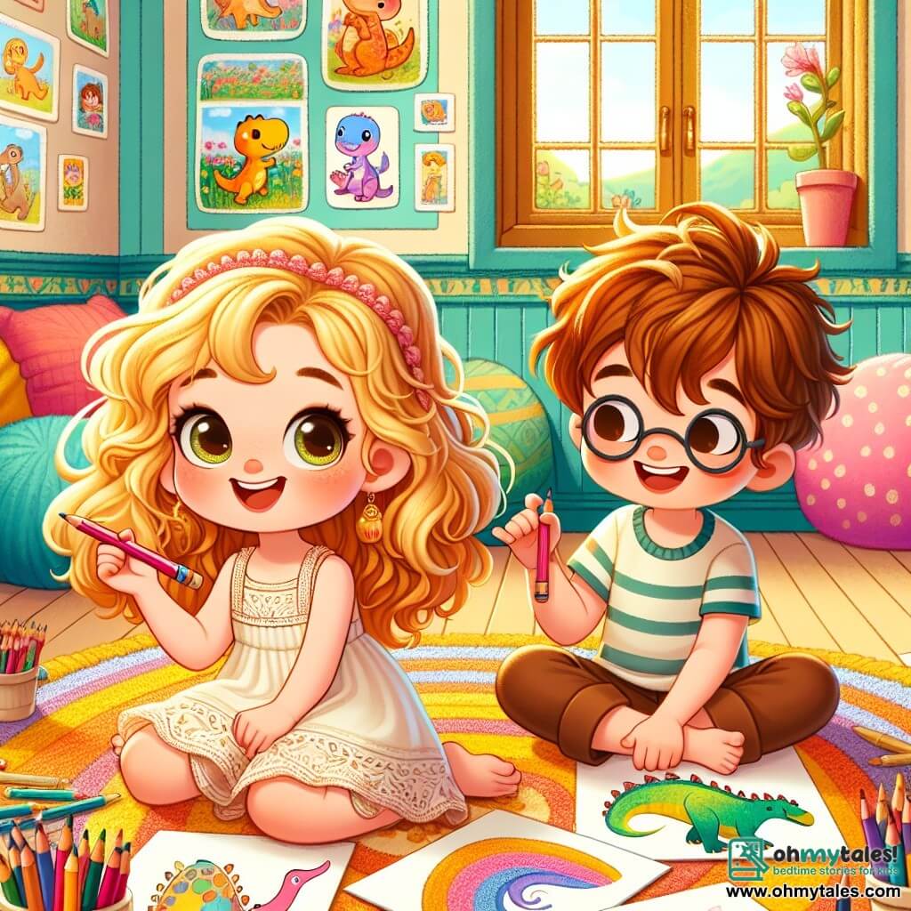 A 6-year-old girl named Lily, with golden curls and sparkling eyes, is sitting on a colorful rug surrounded by crayons and sheets of paper. She has an expression of curiosity and excitement on her face, holding a pink crayon in her hand, ready to draw. Next to her, a 6-year-old boy, Jack, with brown hair and glasses, smiles while showing his drawing of a dinosaur. He is sitting cross-legged, slightly leaning towards Lily, sharing his enthusiasm. In the background, a bright and welcoming room with walls painted in vibrant colors, children's drawings hanging up, and windows letting in sunlight. Soft cushions are arranged on the floor, creating a warm and joyful atmosphere. The main scene shows Lily and Jack drawing together, surrounded by other children, sharing their stories and emotions in a setting that celebrates friendship and creativity, despite changes in their lives.