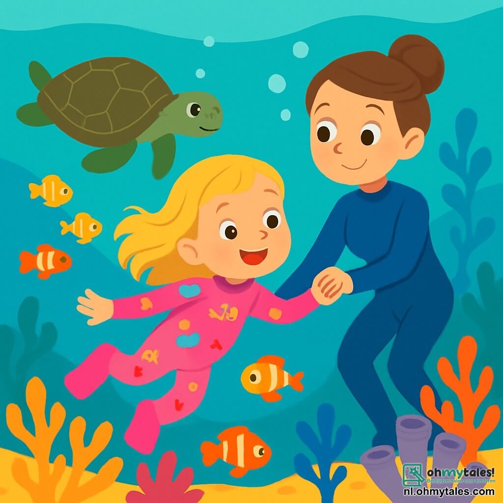 Een 4-jarig meisje, Lotte, met lang blond haar en sprankelende nieuwsgierige ogen, zwemt vrolijk in een turquoise zee met een grote glimlach op haar verwonderde gezicht. Ze draagt een roze duikpak met kleurrijke vispatronen. Naast haar moedigt haar moeder, een vrouw van rond de dertig met bruin haar in een knot en een zacht gezicht, haar aan door haar hand vast te houden. Ze draagt een blauw duikpak en kijkt trots naar Lotte, terwijl ze iets achterblijft om op haar te letten. De achtergrond toont een prachtig koraalrif, vol met kleurrijke koralen, felgekleurde tropische vissen en een grote zeeschildpad die vredig in de buurt zwemt, wat een magische sfeer aan de scène toevoegt. De hoofdactie laat Lotte en haar moeder samen de onderwaterwonderen verkennen, verwonderd door de schoonheid van zeedieren en koralen, wat een moment van ontdekking en gedeelde vreugde creëert.