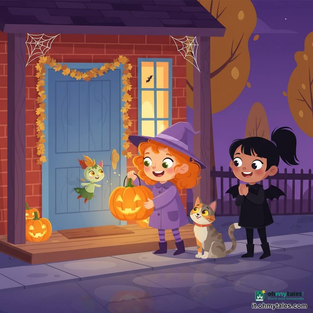 Una bambina di 6 anni, Lilla, sorridente e meravigliata, capelli ricci rosso aranciati e grandi occhi verdi, con un piccolo cappello da strega viola e un cappotto lilla, posa sullo zerbino tenendo una grande lanterna a forma di zucca intagliata che diffonde luce arancione; accanto a lei il gatto tigrato Biscotto, pelo grigio e rossiccio e occhi gialli, guarda la lanterna muovendo la coda; dietro a destra, un'amica di circa 6 anni, Mia, con capelli neri raccolti e costume da piccola pipistrella nero, applaude piano; davanti alla lanterna galleggia un folletto di foglie delle dimensioni di un giocattolo, pelle verde pallido e cappello di foglia secca, curioso e gioioso; la scena è davanti a una casa di mattoni rossi con porta blu e decorazioni autunnali, su una strada lastricata umida con lampioni gialli e alberi dalle foglie dorate sotto un cielo notturno viola, con la lanterna che crea una luce calda e ombre danzanti e suscita risate.