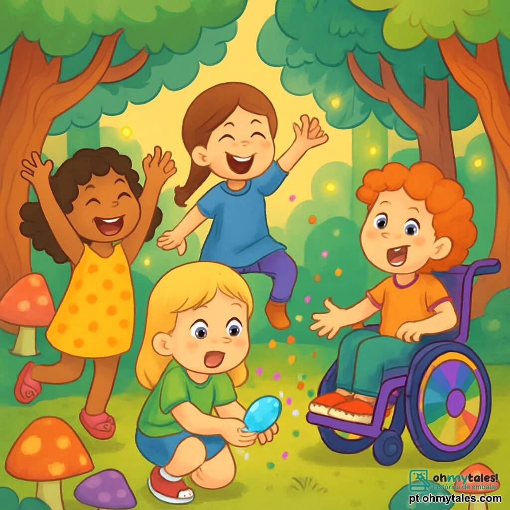 Há 4 crianças: - Sofia: uma menina de 8 anos com cabelos cacheados e castanhos, vestindo um vestido amarelo com bolinhas e sandálias rosas. Ela está rindo, com os braços levantados, ao lado de Liz. - Liz: uma menina de 7 anos com cabelos lisos e loiros, usando uma camiseta verde e um short de denim. Ela está agachada, segurando uma pedra brilhante nas mãos, com os olhos arregalados de surpresa. - Mariana: uma menina de 9 anos com cabelos castanhos e uma trança, vestida com uma túnica azul e leggings roxos. Ela está pulando, cheia de energia, com um grande sorriso, um pouco atrás de Sofia. - Joana: uma menina de 8 anos com cabelos cacheados e ruivos, sentada em uma cadeira de rodas colorida, decorada com adesivos de patos. Ela está fazendo uma careta engraçada, flutuando levemente acima do chão, à direita de Liz. A cena se passa em uma clareira encantada, cercada por grandes árvores com troncos torcidos e folhas multicoloridas. Cogumelos gigantes de cores vivas crescem ao redor, e vagalumes dançam no ar, iluminando a cena com uma suave luz dourada. As crianças descobrem um amuleto mágico que soltou confetes e purpurina, criando uma atmosfera alegre e festiva, enquanto riem e se perguntam que aventura as espera, cercadas pela magia da floresta.