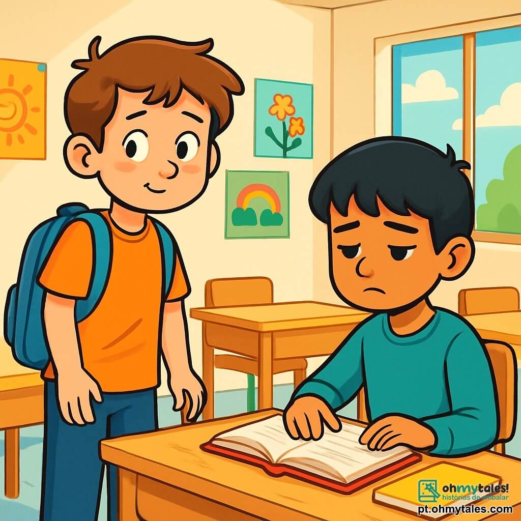 Um garoto de 12 anos, Lucas, com cabelos castanhos e olhos brilhantes de curiosidade, está de pé em uma sala de aula iluminada. Ele tem uma expressão de hesitação no rosto, com um leve sorriso tímido, enquanto olha para um novo colega. Ao seu lado, Amir, um garoto de 12 anos com cabelos negros e pele oliva, está sentado em sua mesa, folheando um livro com uma expressão de melancolia. A sala de aula é decorada com desenhos coloridos pendurados nas paredes, com mesas de madeira clara e janelas que deixam entrar a luz do sol. Nesta cena, Lucas hesita em se aproximar de Amir para conversar, ilustrando um momento de tolerância e amizade em formação.