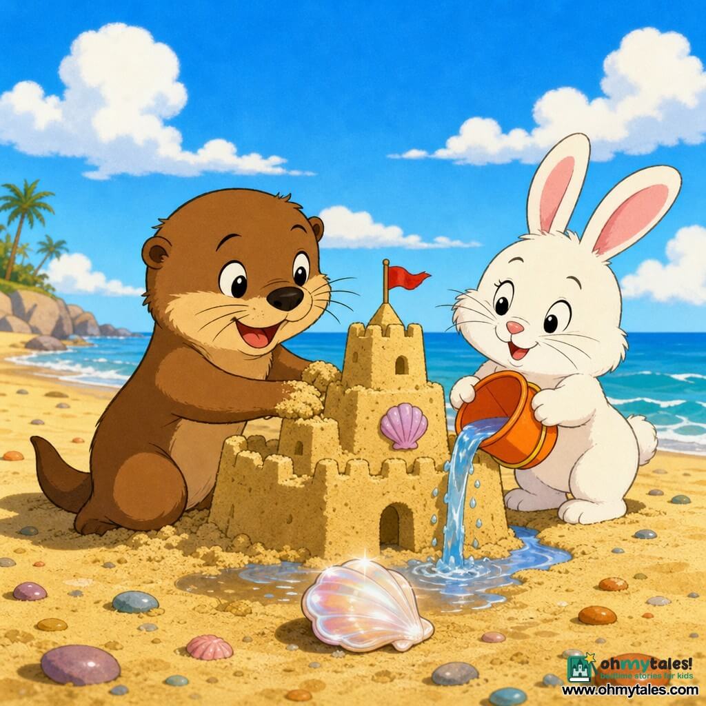A cheerful light-brown otter with soft fur and bright round eyes digs and pats sand with its paws to build a large sandcastle while a white bunny with pink ears and fluffy fur mischievously holds an orange bucket and pours water nearby; a pearly shell catches the sunlight on the wet sand of a wide golden beach with calm pale-blue waves, a few colorful pebbles and a sky dotted with fluffy clouds, warm contrasting colors, crisp outlines, 1990s cartoon style.