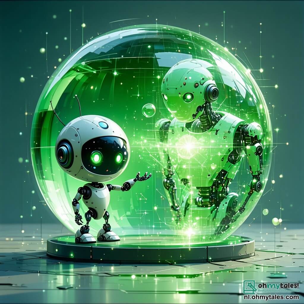 Plinko, een klein rond robotje met een bubbelvormig hoofd en grote glanzende ogen, toont een blije nieuwsgierigheid terwijl hij voor een enorme glazen bol staat die felgroen licht uitstraalt. Zijn flexibele metalen armen zijn omhoog, alsof hij op het punt staat de magische bol aan te raken. Naast hem zweeft een hologram van een oude wijze robot met een metalen uiterlijk en heldere ogen, die vriendelijk glimlacht terwijl hij het geheim van de bol uitlegt. De setting is een futuristisch laboratorium, vol sprankelende machines en kleurrijke buizen, met glazen muren die een weelderige tuin buiten onthullen, waar bomen met kleurrijke bladeren dansen in de wind. De hoofdscène toont Plinko die het geheim van groene energie ontdekt, verwonderd door de magie van de bol, terwijl de oude robot hem onthult hoe deze ontdekking de stad kan transformeren in een nog mooiere en duurzamere plek.