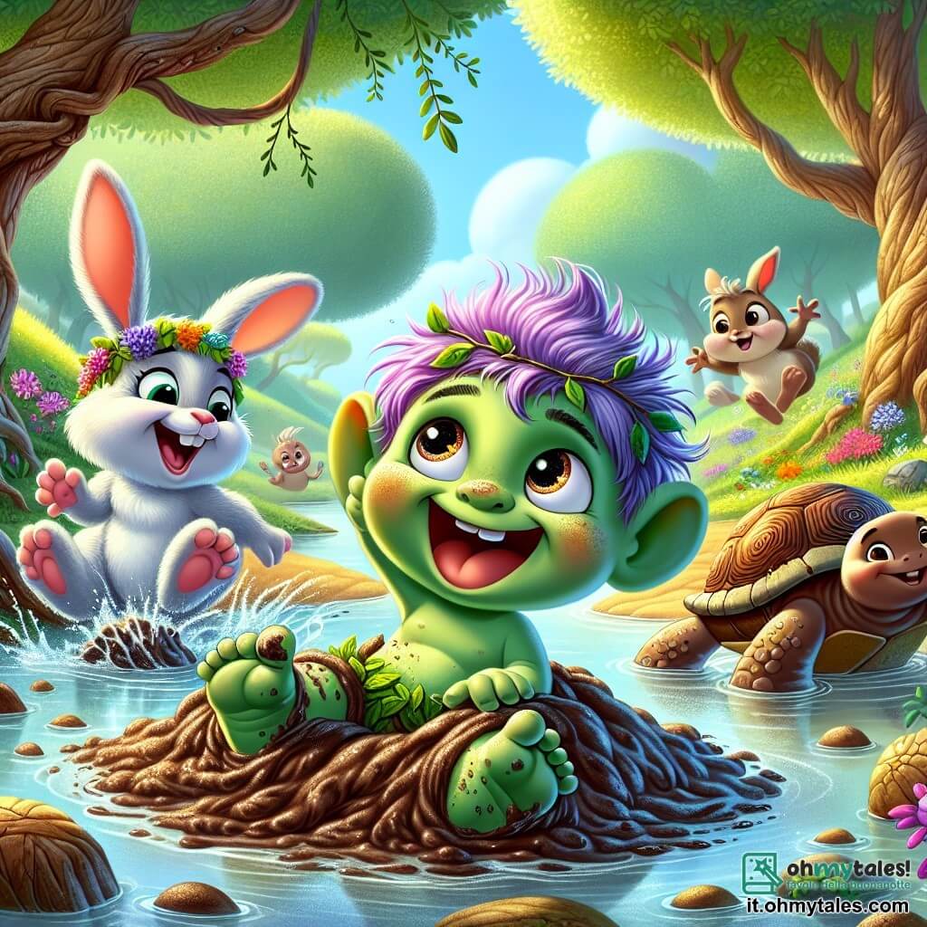 Al centro dell'immagine, un piccolo troll malizioso di nome Pompierino, con la pelle verde brillante e occhi rotondi pieni di curiosità, rotola in un mucchio di fango ridendo. Ha capelli disordinati di colore viola e indossa una tunica di foglie. Accanto a lui, Fluffolo, un coniglio bianco dalle grandi orecchie, salta allegramente con un sorriso malizioso, cercando di aiutare Pompierino a rialzarsi. Più lontano, Tarta, una tartaruga marrone con un guscio decorato di fiori colorati, li osserva ridendo, seduta sulla riva del fiume. Lo scenario è una foresta incantata con alberi nodosi e foglie scintillanti sotto un cielo azzurro. Il fiume brilla al sole, circondato da fiori multicolori e rocce lisce. La scena principale mostra Pompierino che, cercando di uscire dal fango, crea una grande schiuma, provocando risate contagiose tra i suoi amici, illustrando così lo spirito di avventura e amicizia che li unisce.